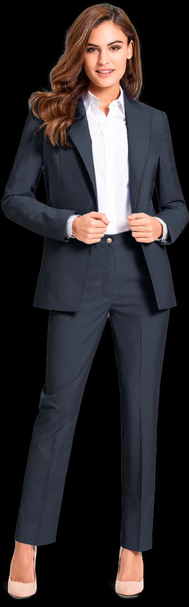 suit 桌布 壁紙 — 一位自信的女性，身穿俐落的深藍色西裝和白色襯衫，在黑色背景前從容站立。