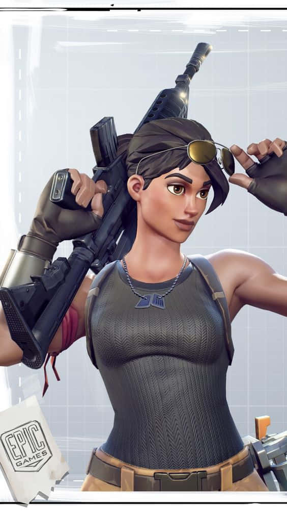 Ramirez Fortnite 桌布 壁紙 — 一位自信的女性士兵身穿戰術裝備，在網格背景前調整護目鏡，同時手持步槍。