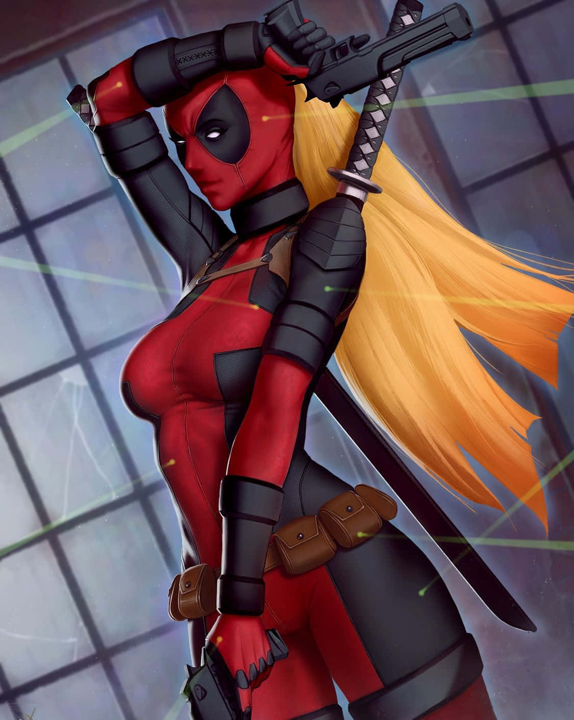 Deadpool And Lady Deadpool 桌布 壁紙 — 一位自信的女性死侍穿著紅黑套裝，高舉槍枝，身旁配備武士刀，背景為格窗。