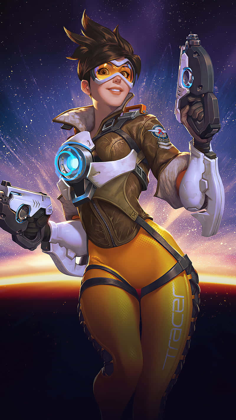 iPhone Xs Overwatch 桌布 壁紙 — 一位自信的女性英雄穿著未來裝備，在發光行星地平線的宇宙背景下手持兩把發光手槍。