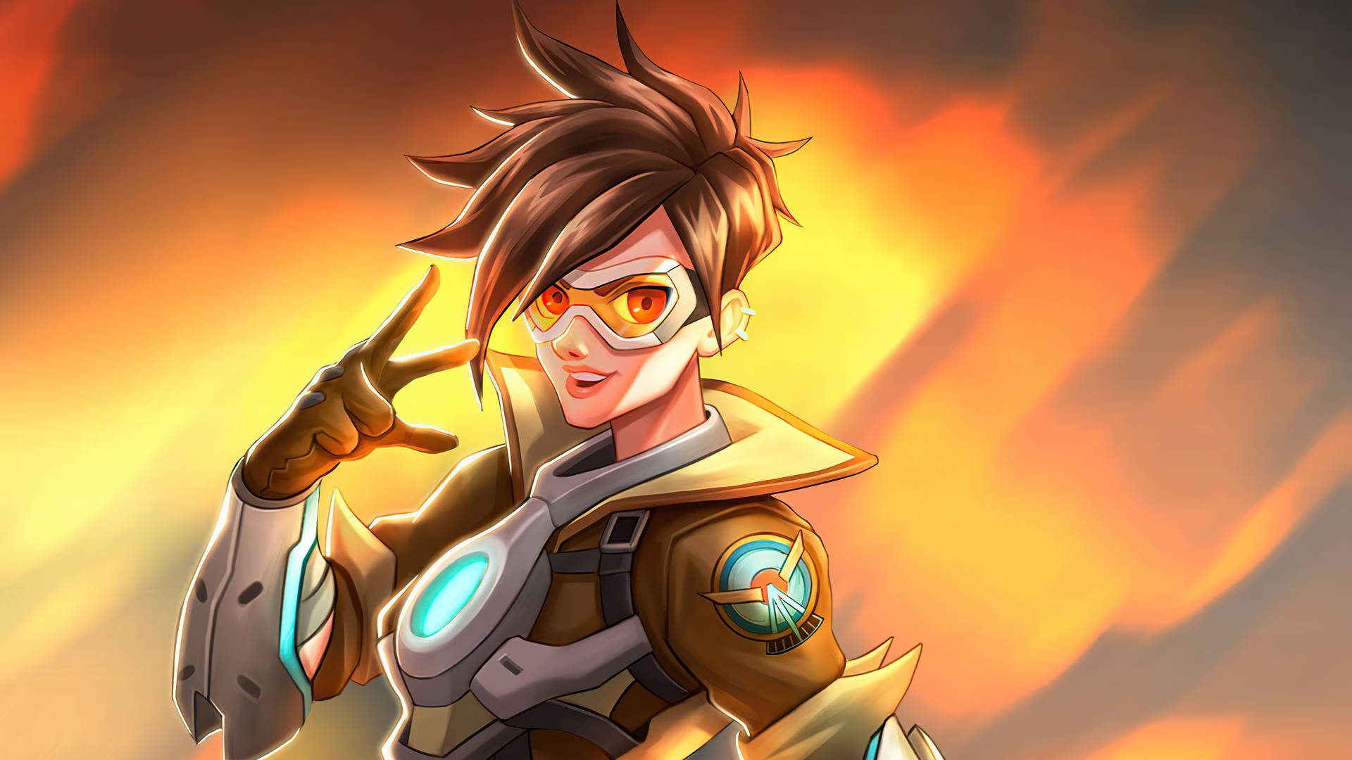 Overwatch 桌布 壁紙 — 一位自信的女性英雄穿著未來裝甲，在熾熱的橙色和黃色天空下做出和平手勢。