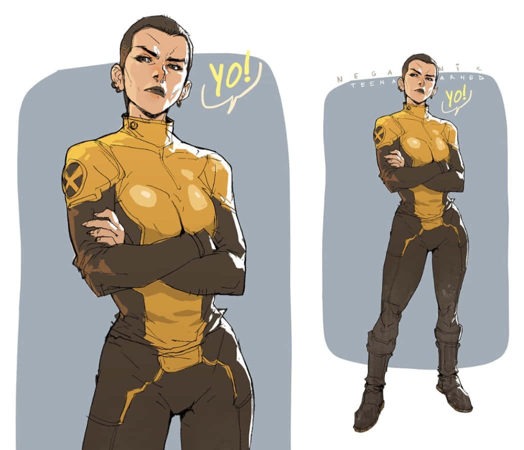 Negasonic Teenage Warhead 桌布 壁紙 — 一位自信的女性超級英雄穿著黃色和棕色的X-Men制服，交叉雙臂，以兩個動態姿勢大喊「yo！」。