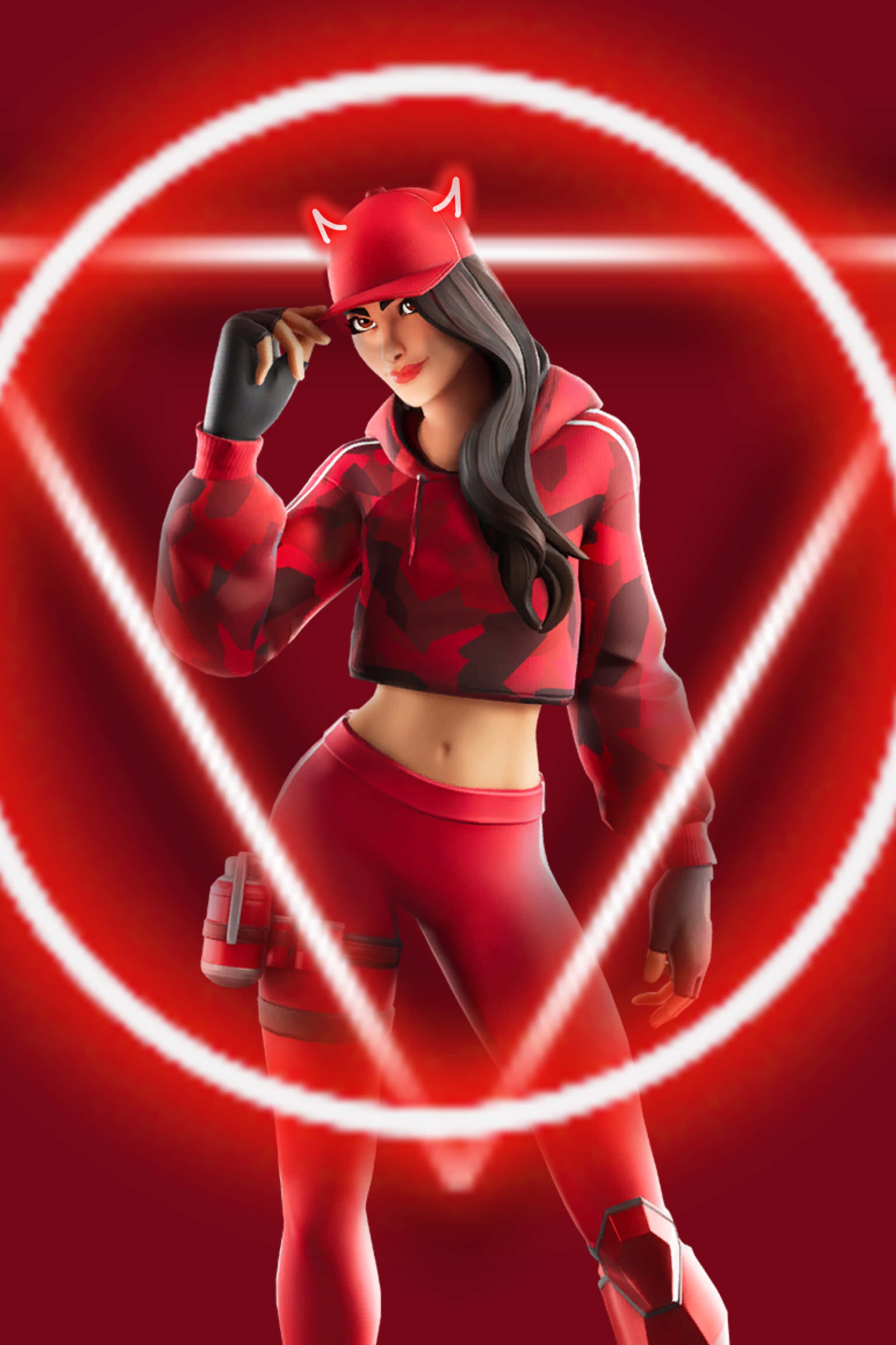 Ruby Fortnite Skin 桌布 壁紙 — 一位自信的女性遊戲玩家穿著紅色惡魔主題服裝，在充滿活力的紅色背景上，於發光的白色圓形線條內擺姿勢。
