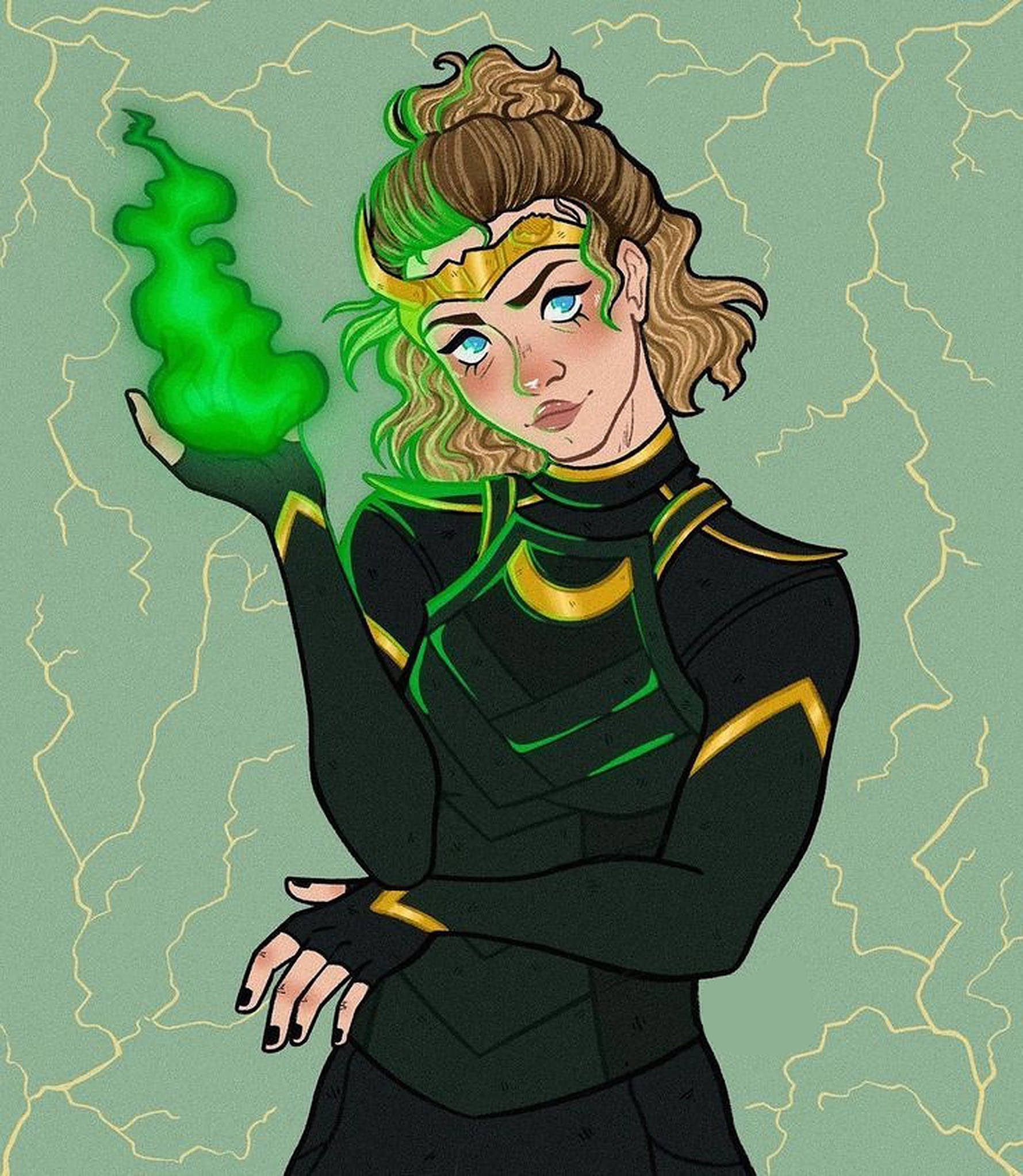 Sylvie 桌布 壁紙 — 一位自信的女戰士，綠髮，手中閃爍著綠色能量，站在帶有閃電的暴風雨綠色背景前。