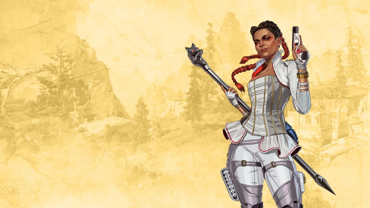720p Apex Legends 桌布 壁紙 — 一位自信的女戰士身穿白色盔甲，手持手槍和帶刺的杖，背景是朦朧的黃色山脈。