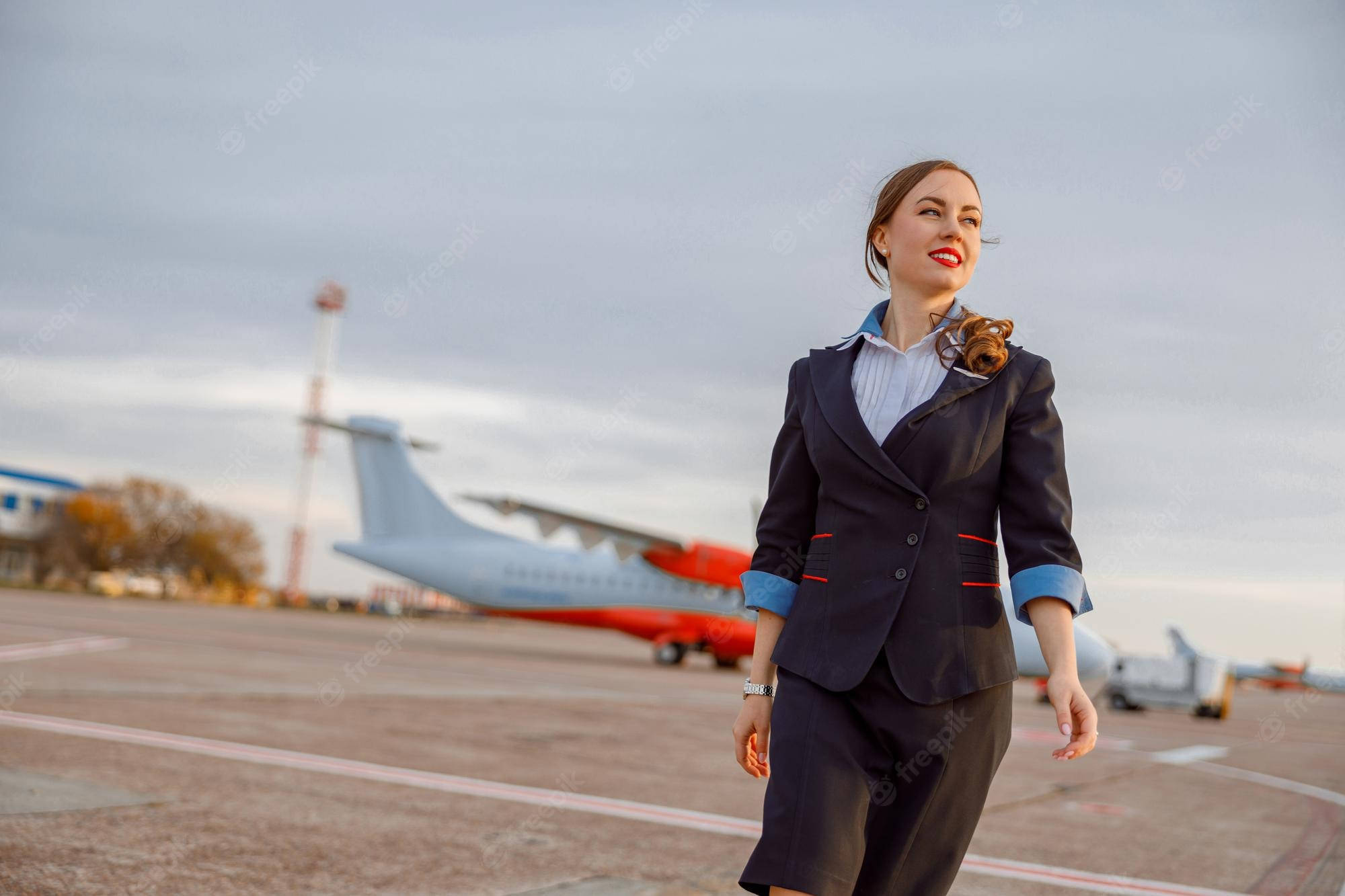 Airport 桌布 壁紙 — 一位自信的女空中服務員穿著海軍藍色套裝配紅色飾邊，在陰天背景下，於機場停機坪上行走，背景有一架紅白相間的飛機。