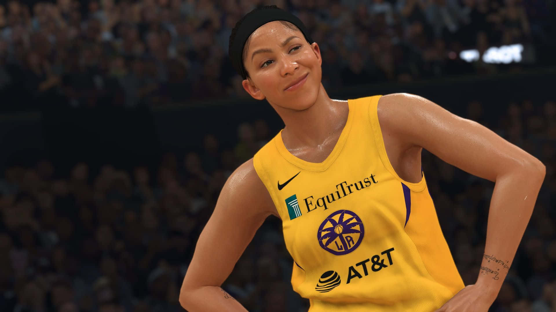 NBA 2k20 桌布 壁紙 — 一位自信的女籃球員身穿黃色球衣，在明亮的場館燈光下比賽時雙手叉腰微笑。