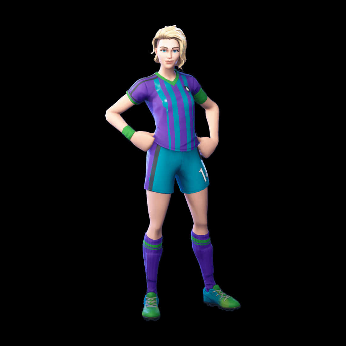 Fortnite Soccer Skin 桌布 壁紙 — 一位自信的女足球員身穿紫色和青綠色條紋球衣，雙手叉腰，站在黑色背景前。