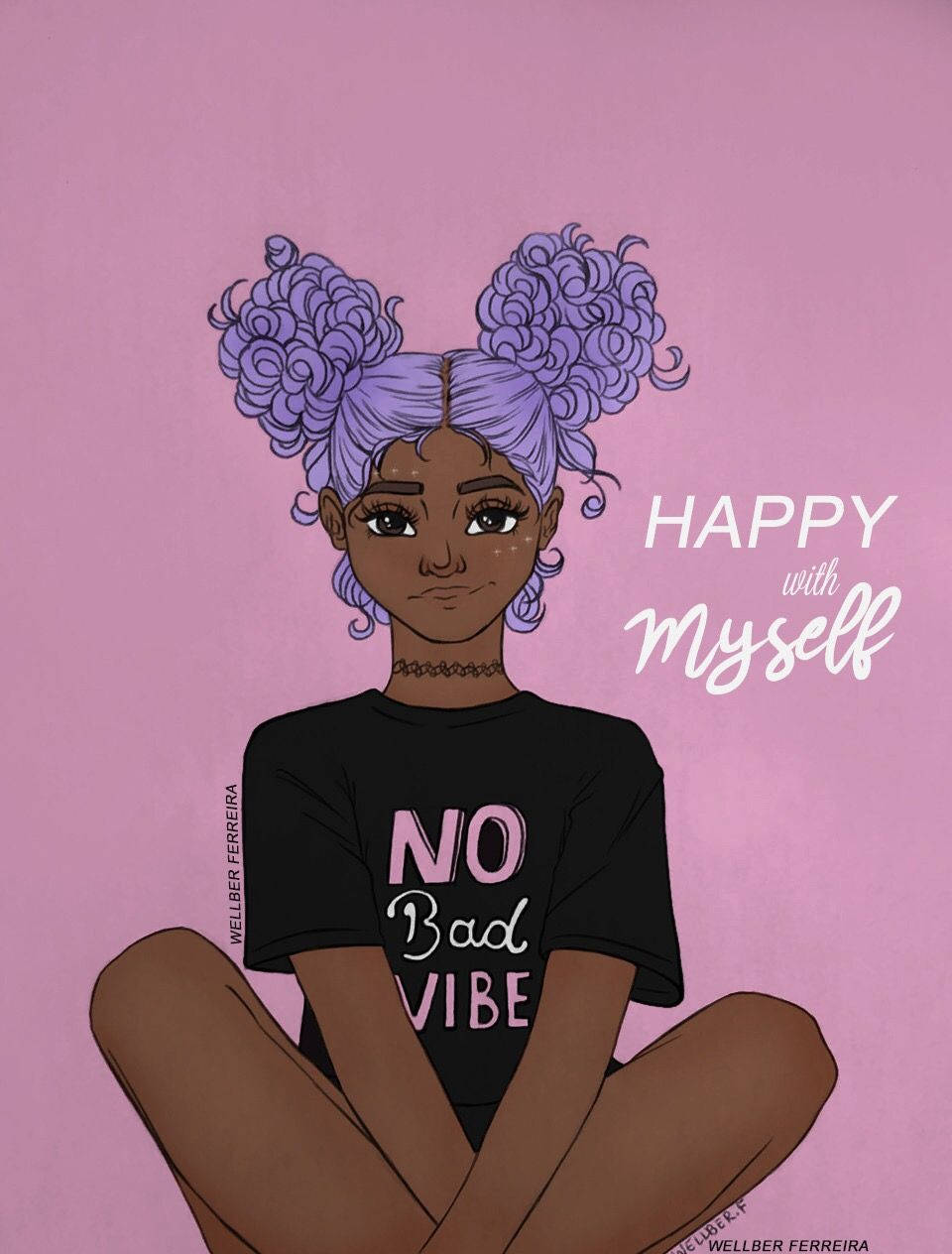 Motivational Quotes 桌布 壁紙 — 一位自信的年輕女性，紫色捲髮，盤腿坐在粉紅色背景前，身穿印有「no bad vibe」字樣的襯衫，旁邊有「happy with myself」的文字。