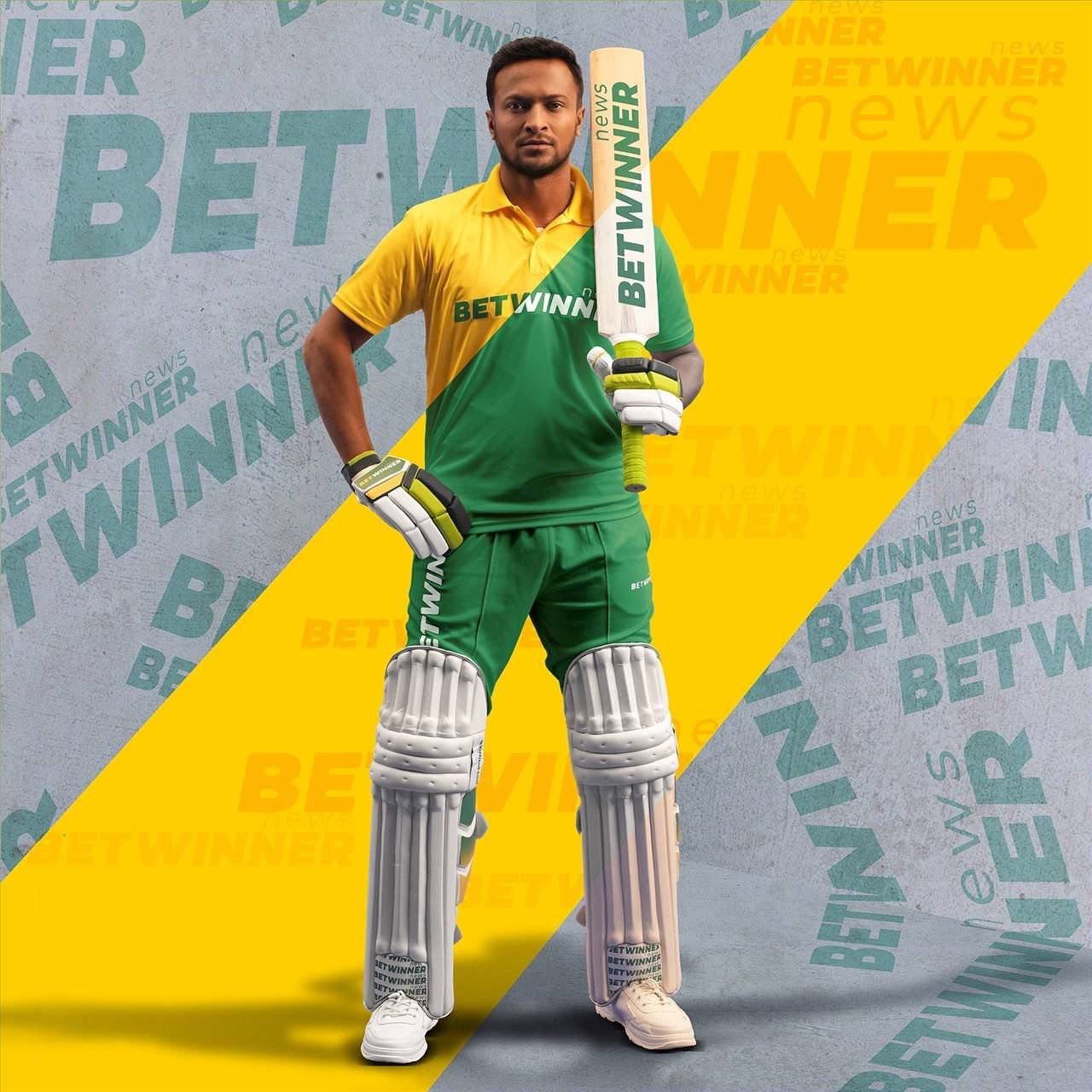 Shakib Al Hasan 桌布 壁紙 — 一位自信的板球運動員，身穿綠色和黃色裝備，在鮮明的黃色和灰色品牌背景前手持球棒。