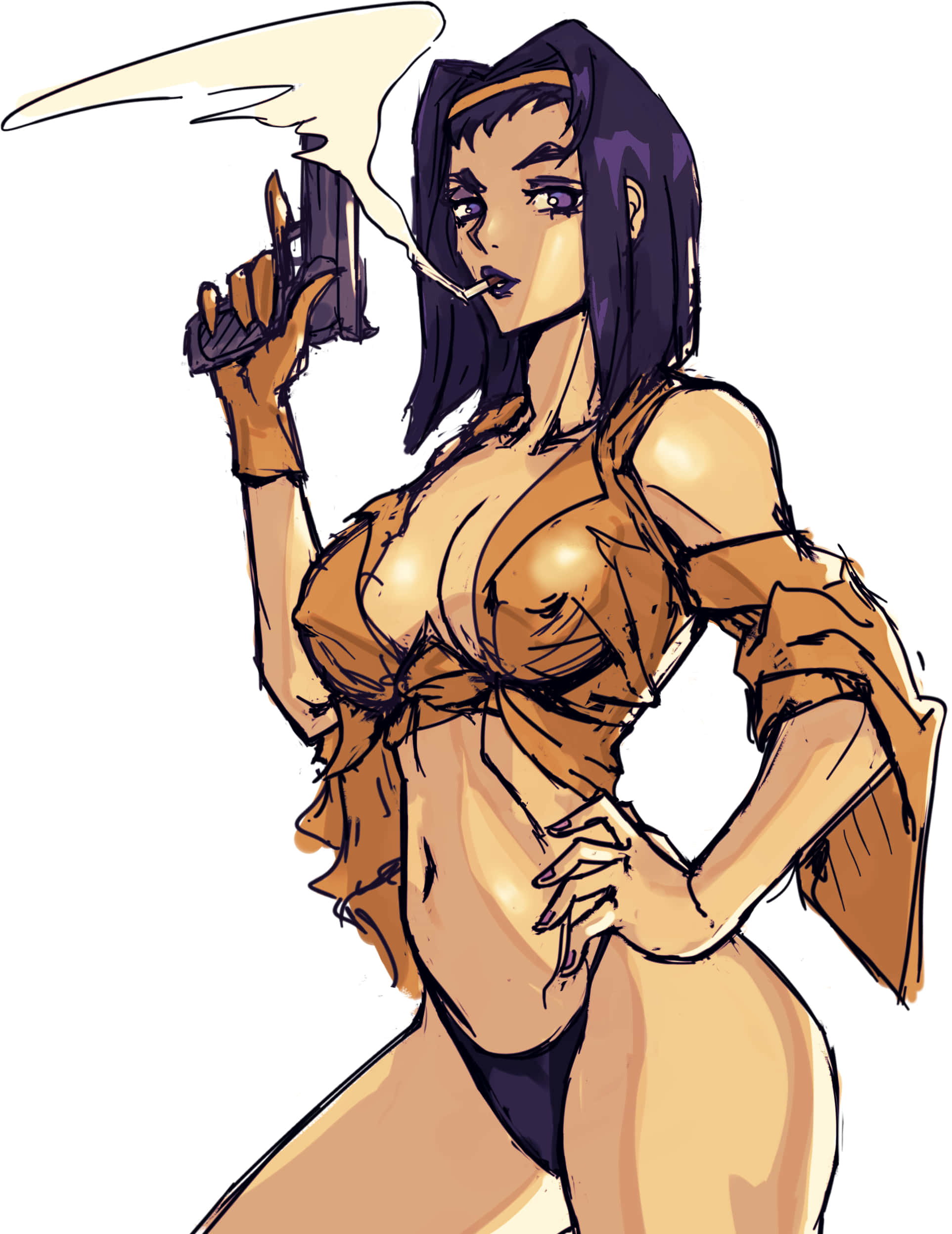 Faye Valentine 桌布 壁紙 — 一位自信的深色頭髮動漫女性，以大膽姿勢手持手槍吸煙。