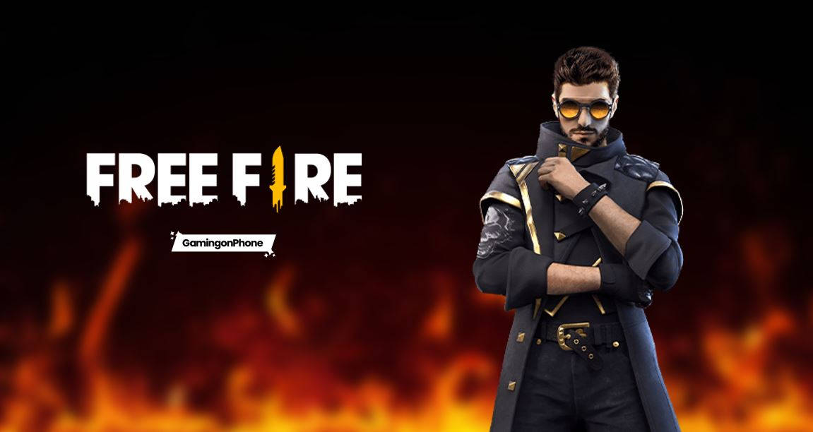 Free Fire Logo 桌布 壁紙 — 一位自信的玩家身穿深色風衣搭配金色點綴，站在帶有Free Fire標誌的火焰背景前。