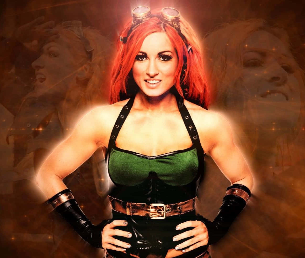 becky lynch 桌布 壁紙 — 一位自信的紅髮女性，身穿綠色和黑色服裝，頭戴護目鏡，在帶有鬼臉的琥珀色發光背景前擺姿勢。