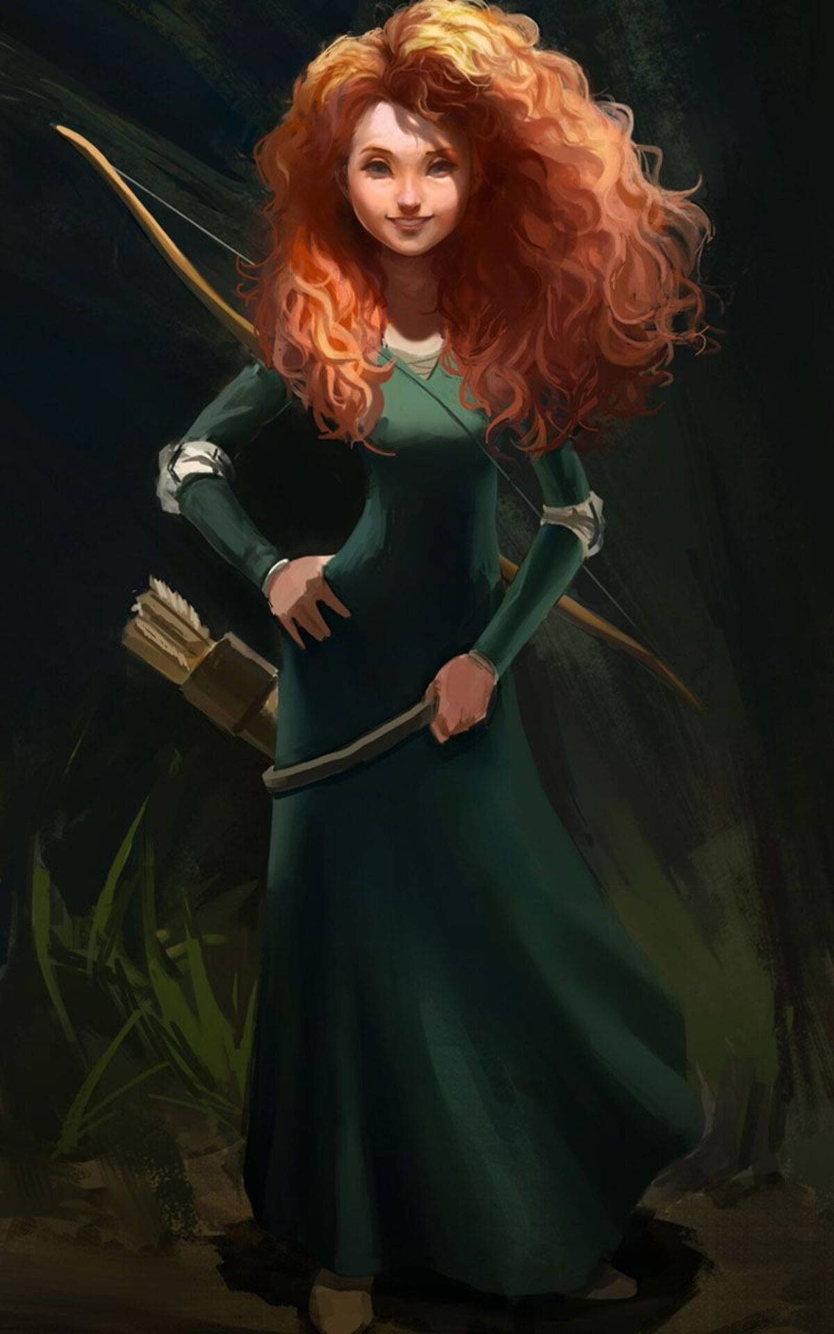 Merida 桌布 壁紙 — 一位自信的紅髮女戰士穿著綠色連衣裙，在森林環境中手持弓箭。