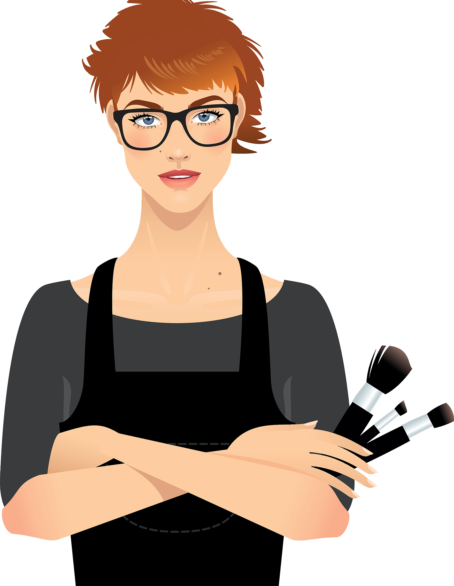 Beauty Parlour 桌布 壁紙 — 一位自信的紅髮戴眼鏡女性，穿著黑色圍裙，在白色背景前手持化妝刷。
