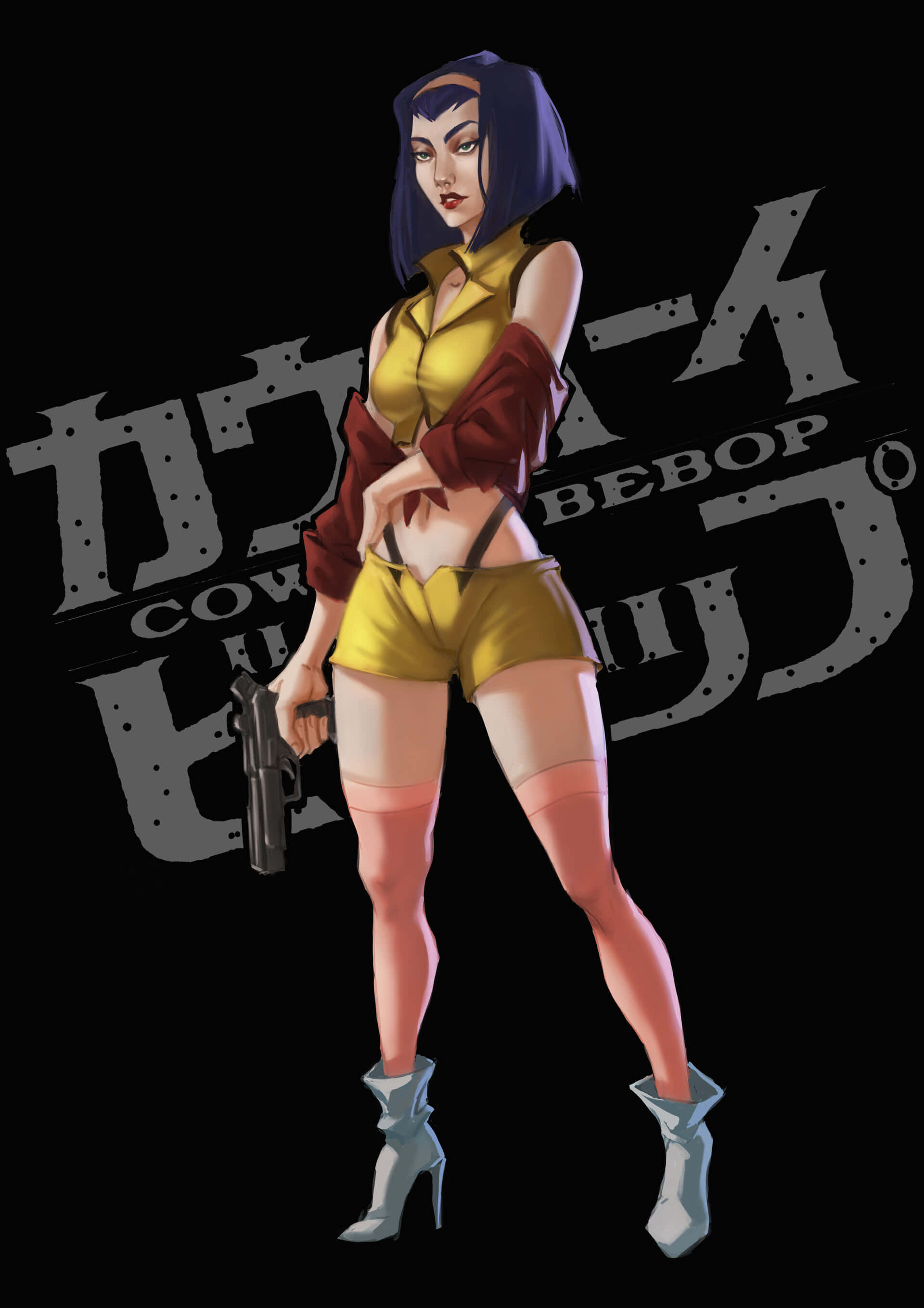 Faye Valentine 桌布 壁紙 — 一位自信的紫色頭髮動漫女性穿著黃色服裝，在黑色背景上手持手槍，並帶有「Cowboy Bebop」文字。