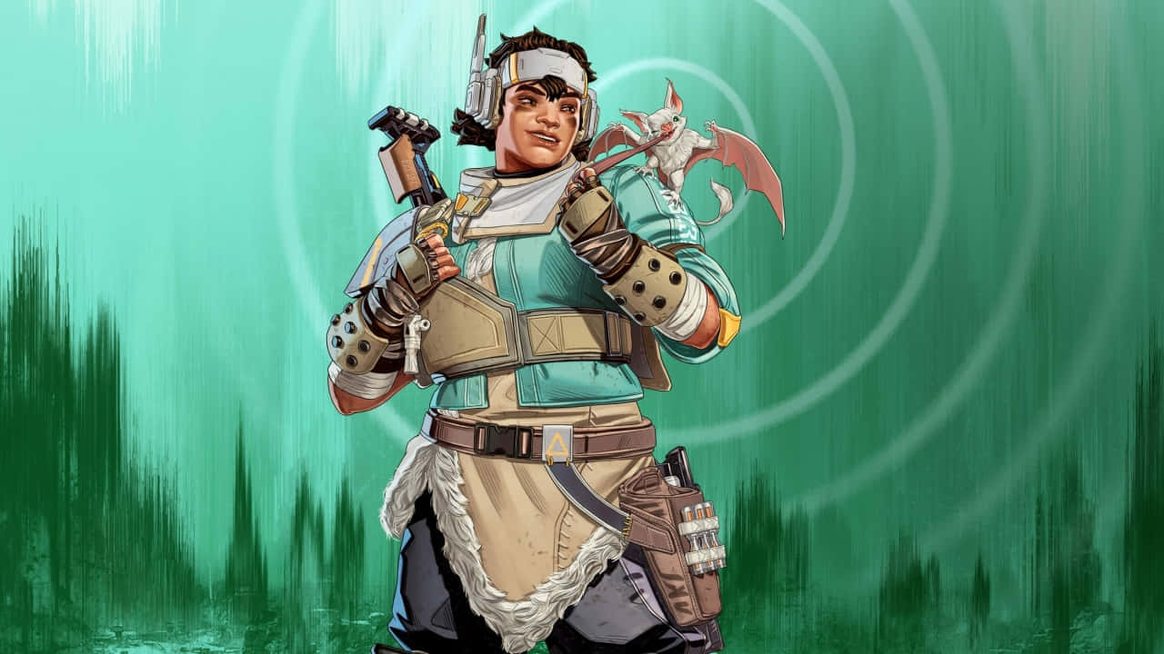 720p Apex Legends 桌布 壁紙 — 一位自信的裝甲戰士帶著一隻小蝙蝠同伴，站在帶有圓形能量圖案的發光綠色背景前。