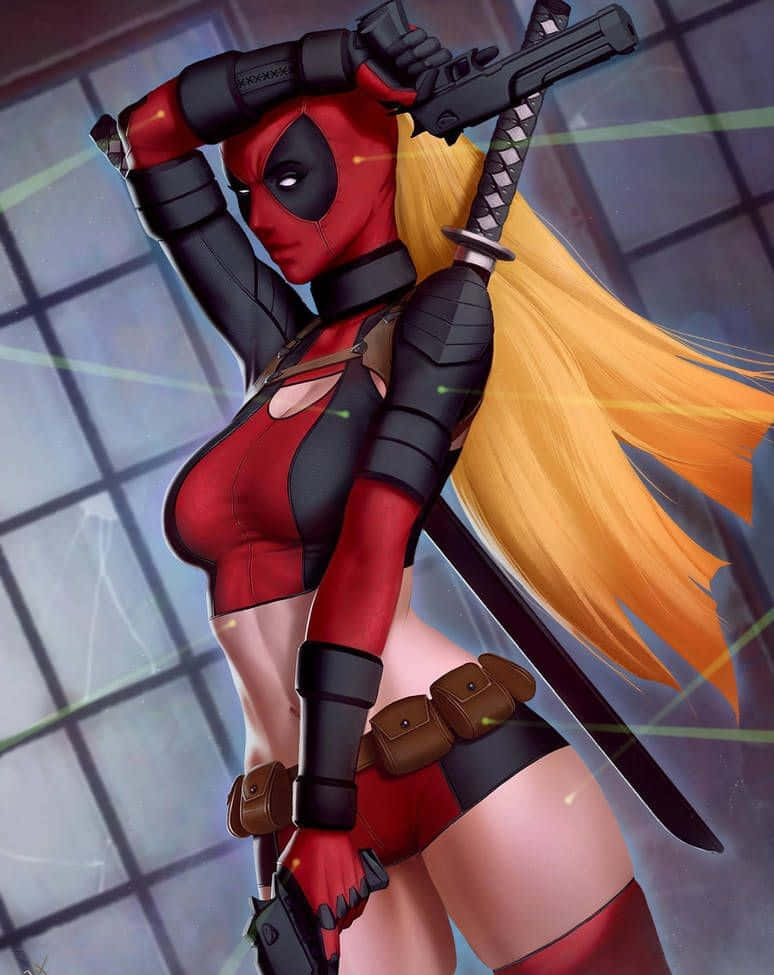 Deadpool And Lady Deadpool 桌布 壁紙 — 一位自信的金髮女死侍在網格窗背景前揮舞劍和槍。