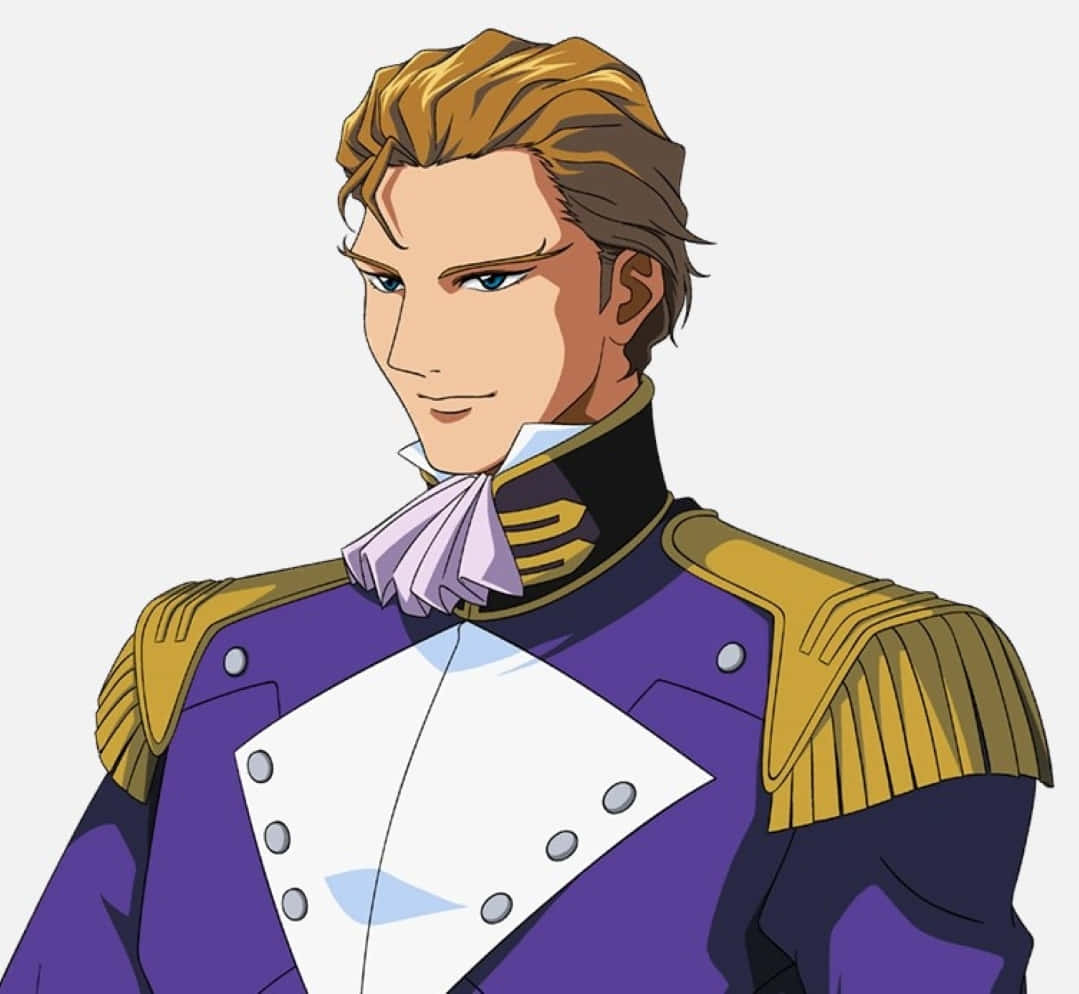 treize khushrenada 桌布 壁紙 — 一位自信的金髮藍眼動漫男子，身穿紫色軍裝，配有金色肩章和淡紫色領巾。
