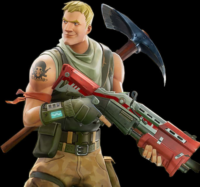 Fortnite Character 桌布 壁紙 — 一位自信的電子遊戲士兵，金髮，有骷髏紋身，手持紅綠色的突擊步槍，肩上扛著一把鎬。