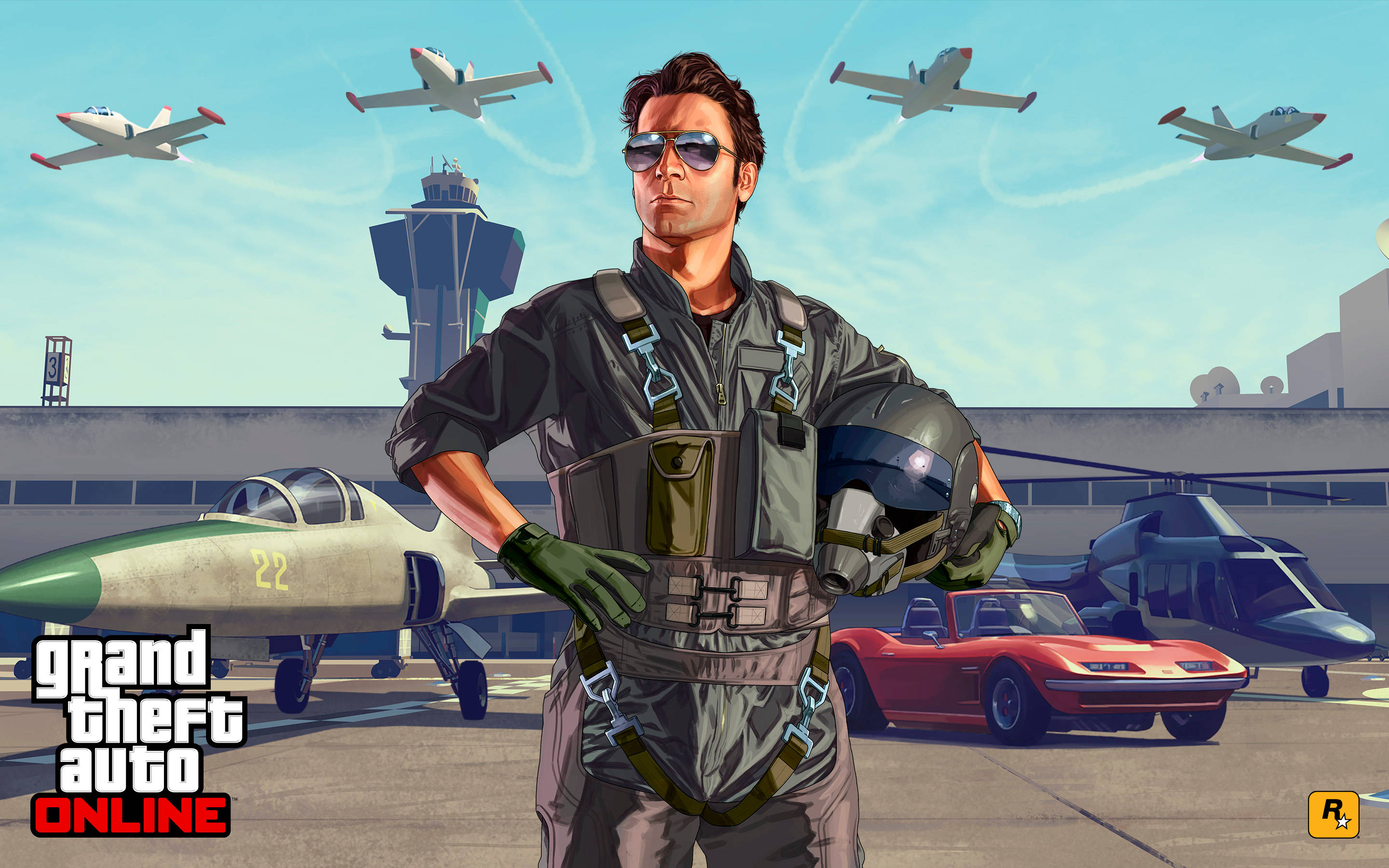 Gta 桌布 壁紙 — 一位自信的飛行員穿著飛行裝備站在機場停機坪上，背景有戰鬥機、直升機和一輛紅色跑車。