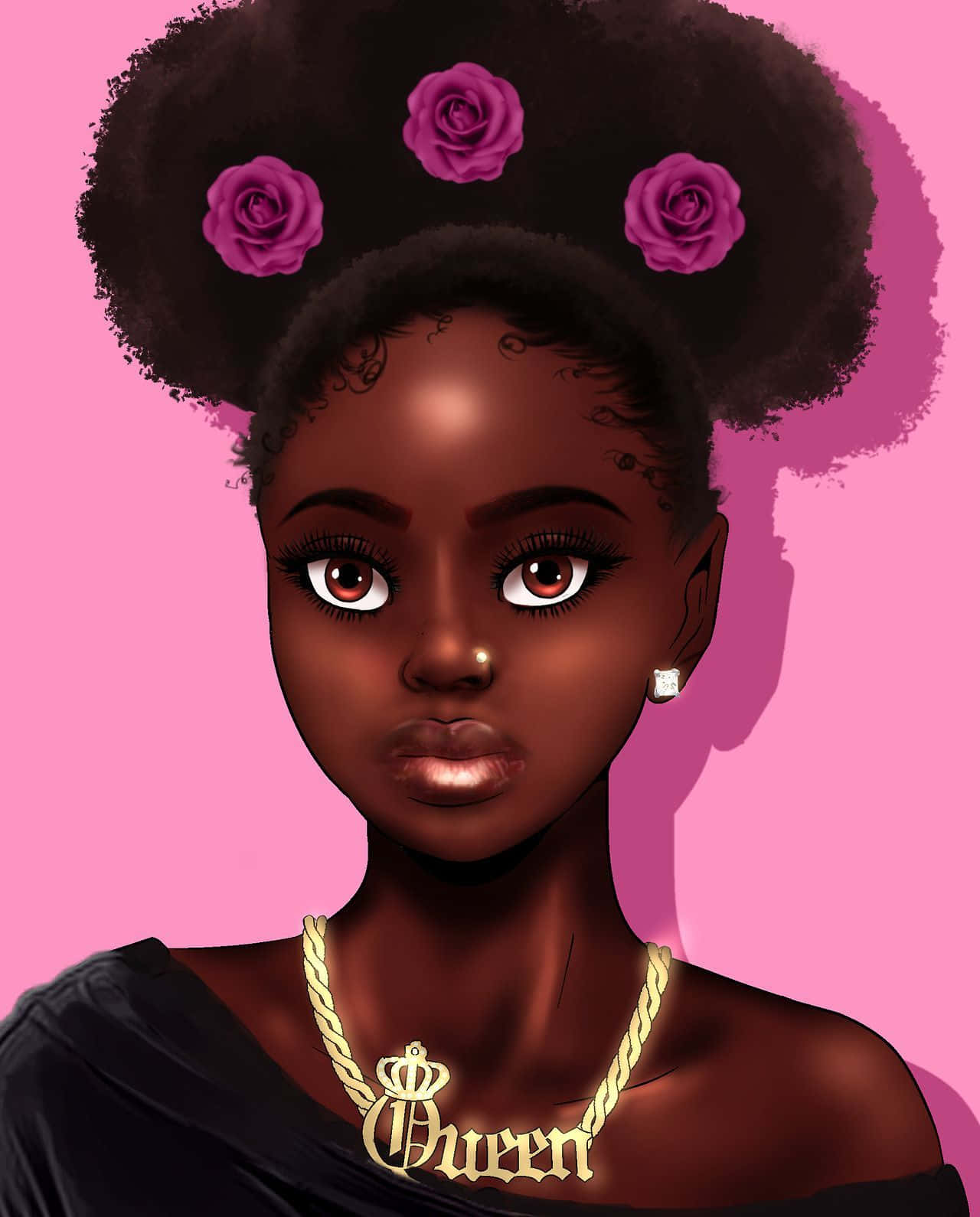 Black Girl Magic 桌布 壁紙 — 一位自信的黑人女性，擁有濃密的非洲式頭髮，飾以紫色玫瑰，在鮮豔的粉紅色背景上佩戴金色「女王」鏈條。