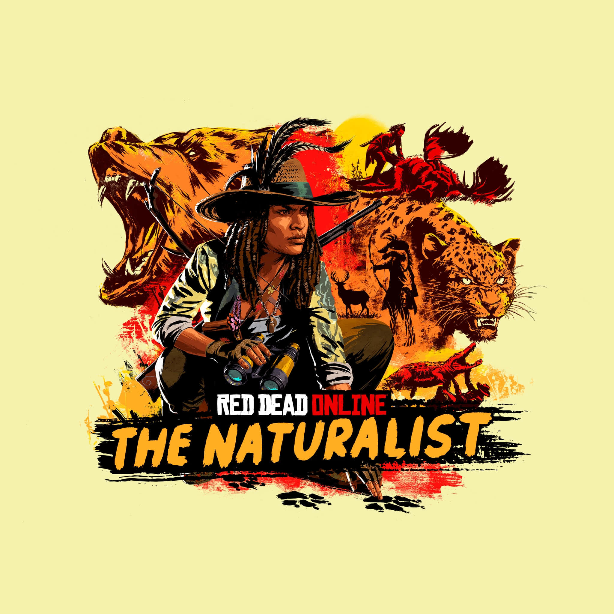 Best Red Dead Redemption 2 桌布 壁紙 — 一位自然學家拿著雙筒望遠鏡，坐在咆哮的野獸和野生動物之中，構成風格化的遊戲海報。
