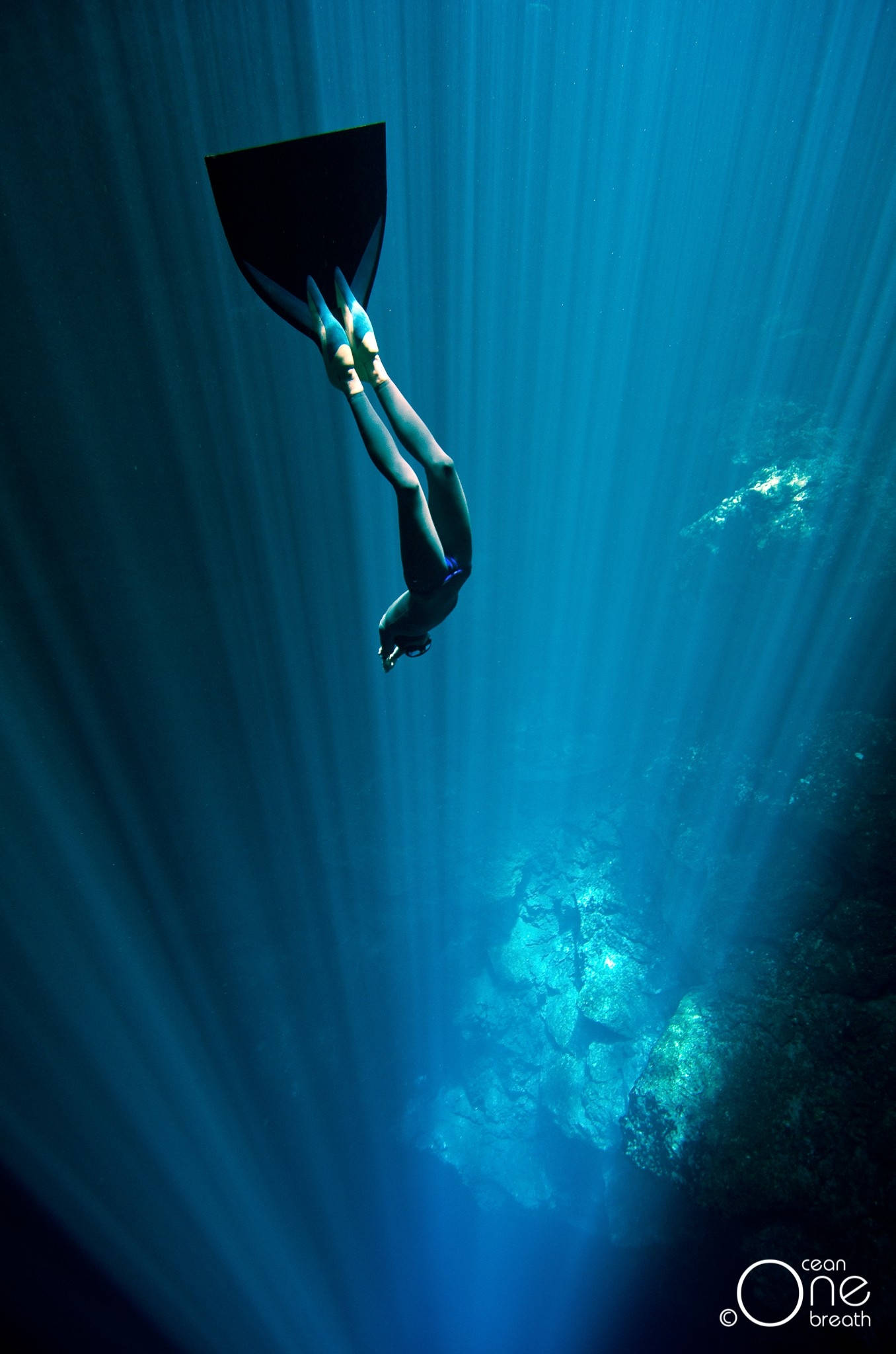 diving 桌布 壁紙 — 一位自由潛水員優雅地穿過耀眼的藍色水光束，降落到岩石海底。