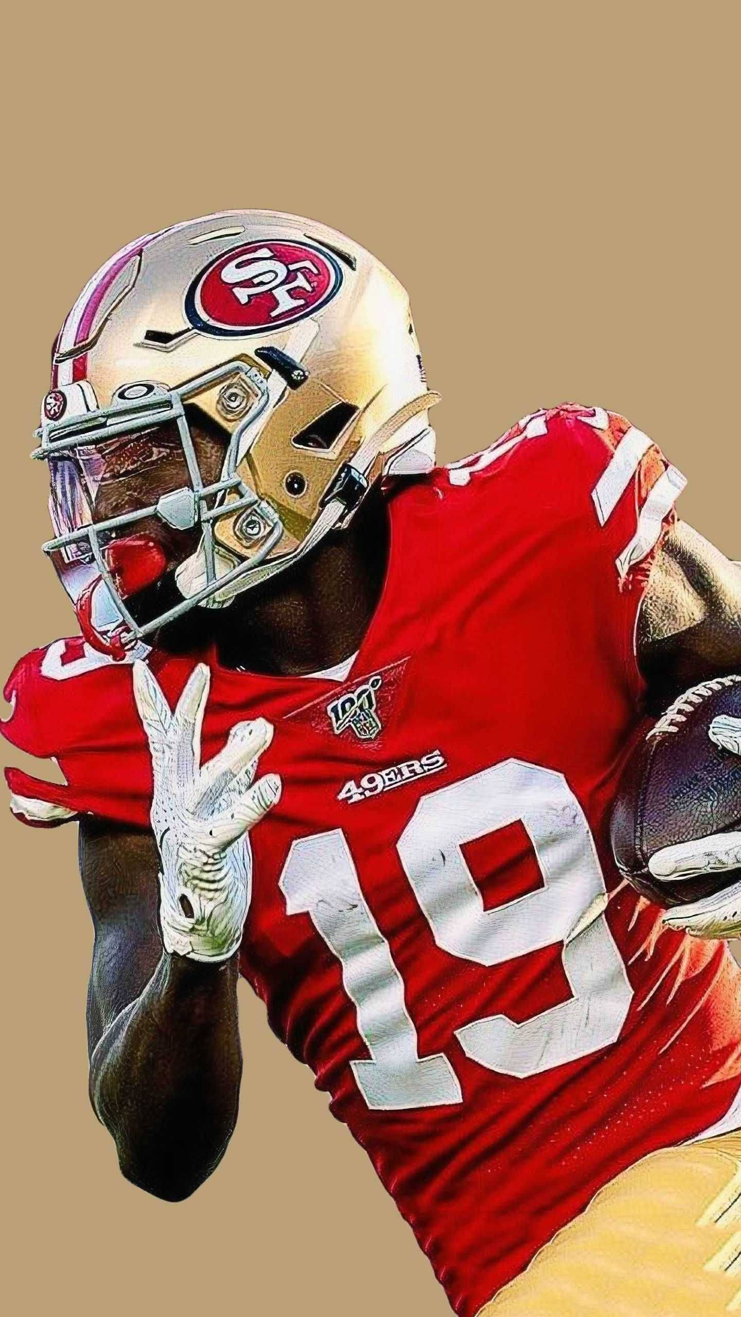 Deebo 桌布 壁紙 — 一位舊金山49人隊的足球員，身穿紅色19號球衣，在純米色背景前帶球奔跑。