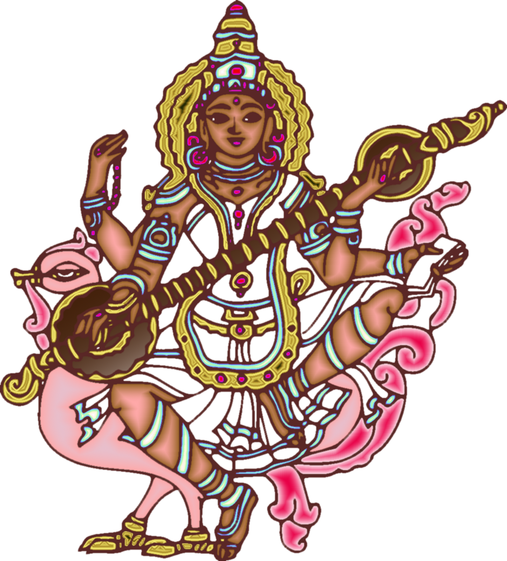 Saraswati 桌布 壁紙 — 一位色彩繽紛的印度教女神插圖，擁有多隻手臂和一隻孔雀，以金色和粉紅色裝飾，背景為黑色。