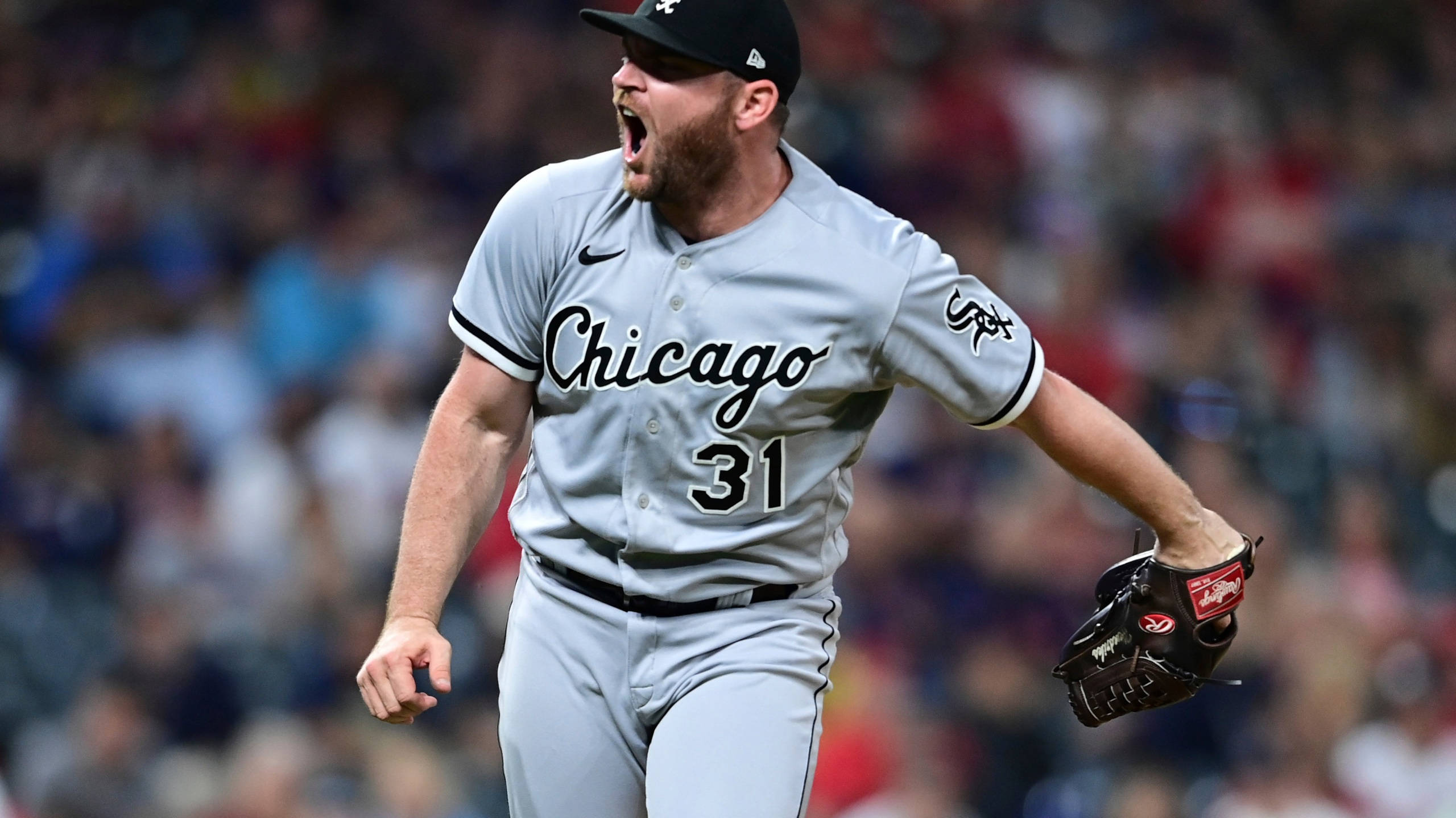 Chicago White Sox 桌布 壁紙 — 一位芝加哥棒球運動員身穿灰色31號球衣，在夜間比賽中戴著手套勝利咆哮。