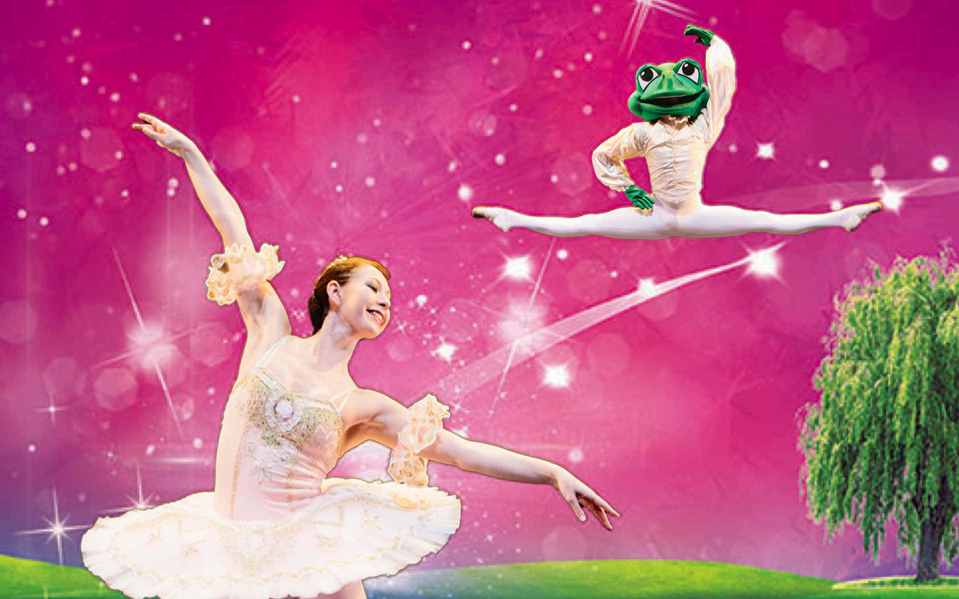 princess and the frog 桌布 壁紙 — 一位芭蕾舞者和一位青蛙頭舞者穿著白色芭蕾舞裙，在閃爍的粉紅色天空和柳樹下優雅地跳躍。