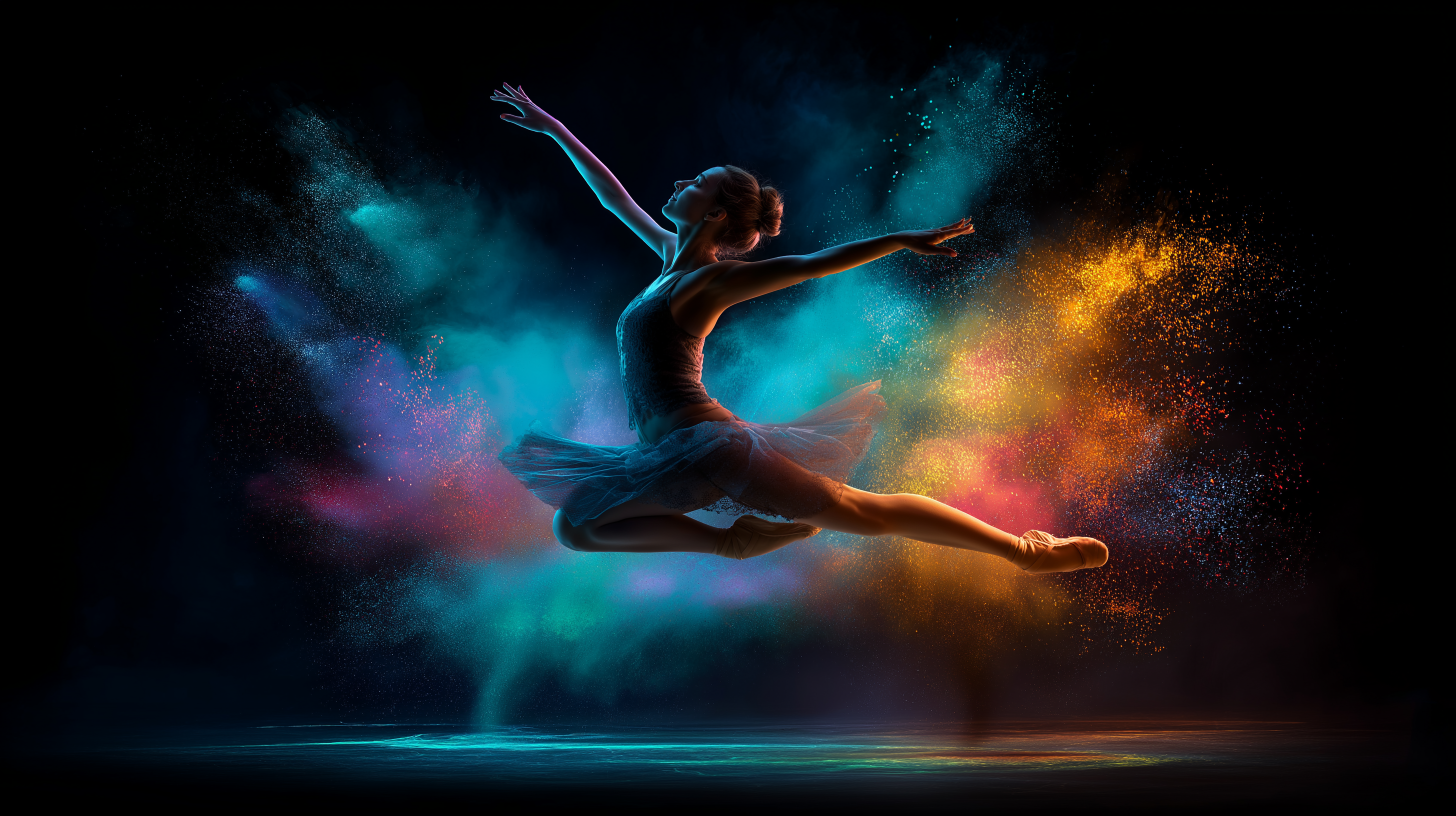 Dance 桌布 壁紙 — 一位芭蕾舞者在黑暗背景下優雅躍起，周圍的鮮豔彩色粉末以青綠、金色和洋紅色的動態爆發形式四散。