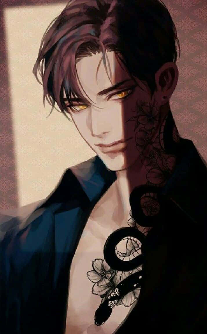 動漫男孩 桌布 壁紙 — 一位英俊的動漫男子，擁有發光的琥珀色眼睛，頸部和胸部有精緻的花卉刺青，穿著深色開襟外套。