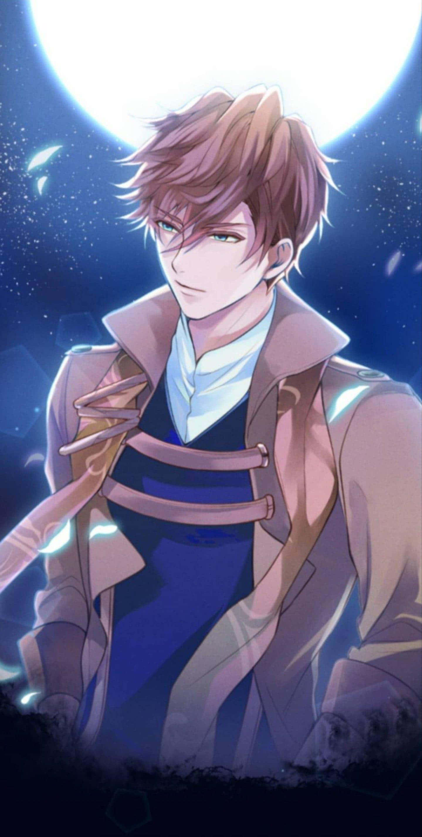 動漫男孩 桌布 壁紙 — 一位英俊的動漫男子，棕色頭髮，藍色眼睛，穿著風衣，站在星光燦爛的夜空下，一輪明亮的滿月照耀著他。