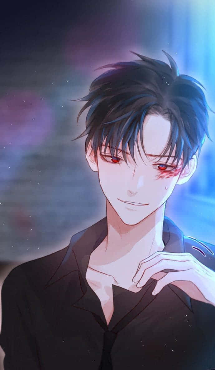 動漫男孩 桌布 壁紙 — 一位英俊的動漫男子，深色頭髮和紅色眼睛，在發光的宇宙背景下溫柔地凝視。