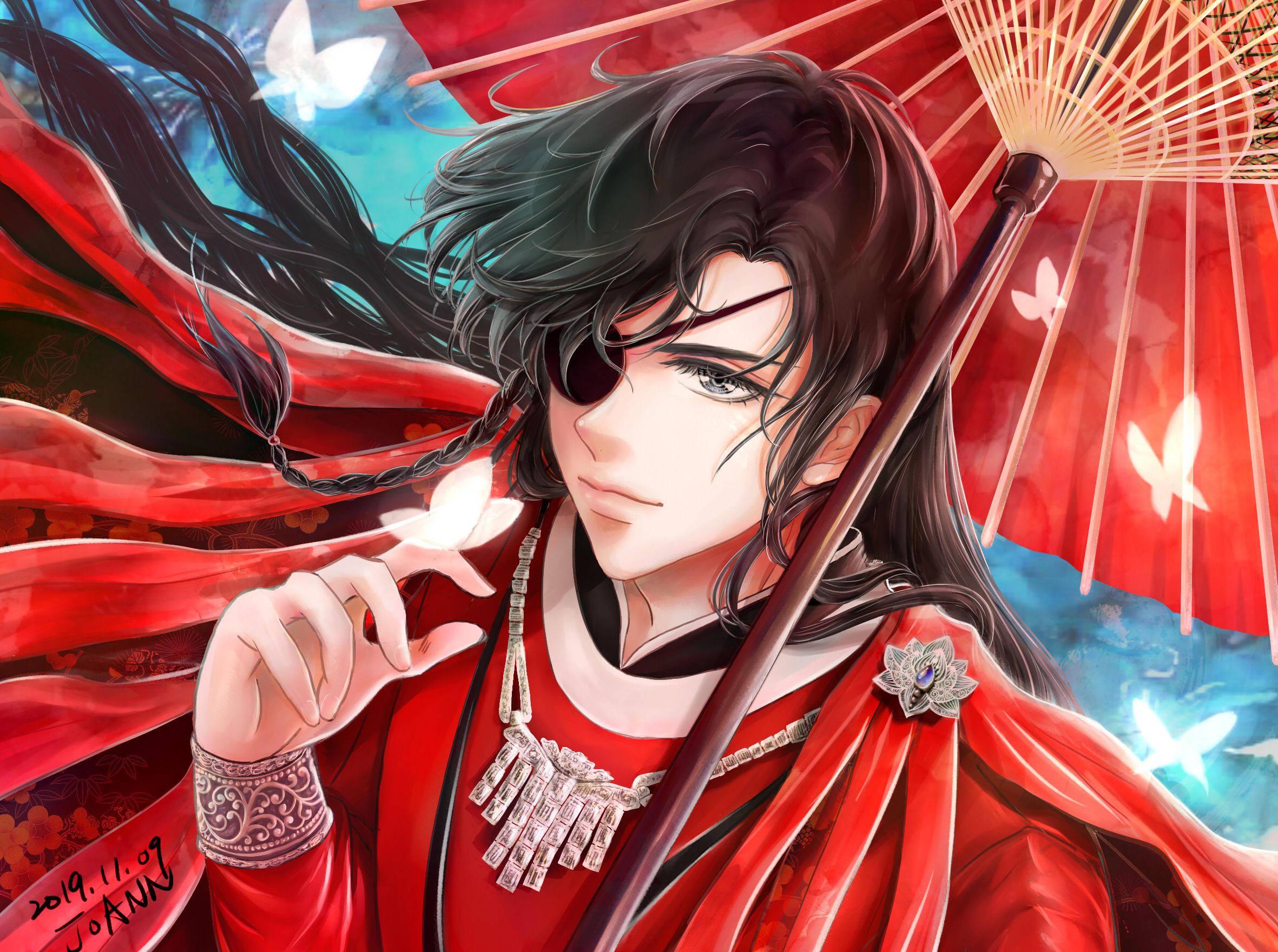 花城 桌布 壁紙 — 一位英俊的動漫男子，黑髮戴眼罩，手持紅色陽傘，發光的蝴蝶在他周圍飛舞。