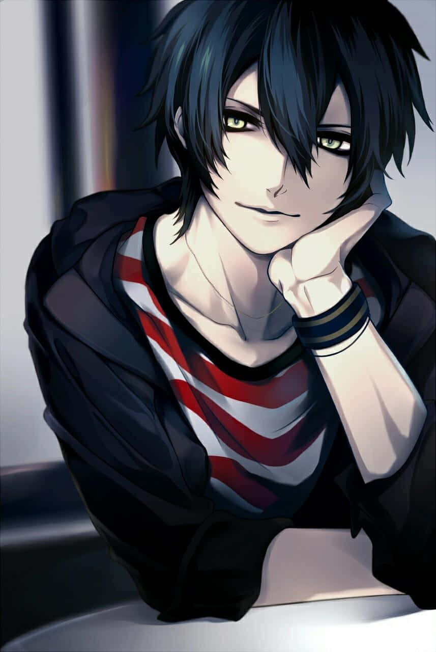 Bad Boy Anime 桌布 壁紙 — 一位英俊的動畫男性，黑髮綠眼，穿著紅白條紋襯衫，手托下巴。