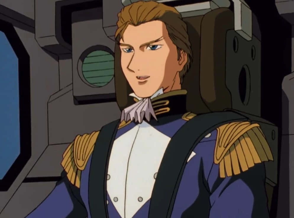 treize khushrenada 桌布 壁紙 — 一位英俊的動畫軍官穿著藍色和金色制服，自信地坐在未來風格的駕駛艙內。