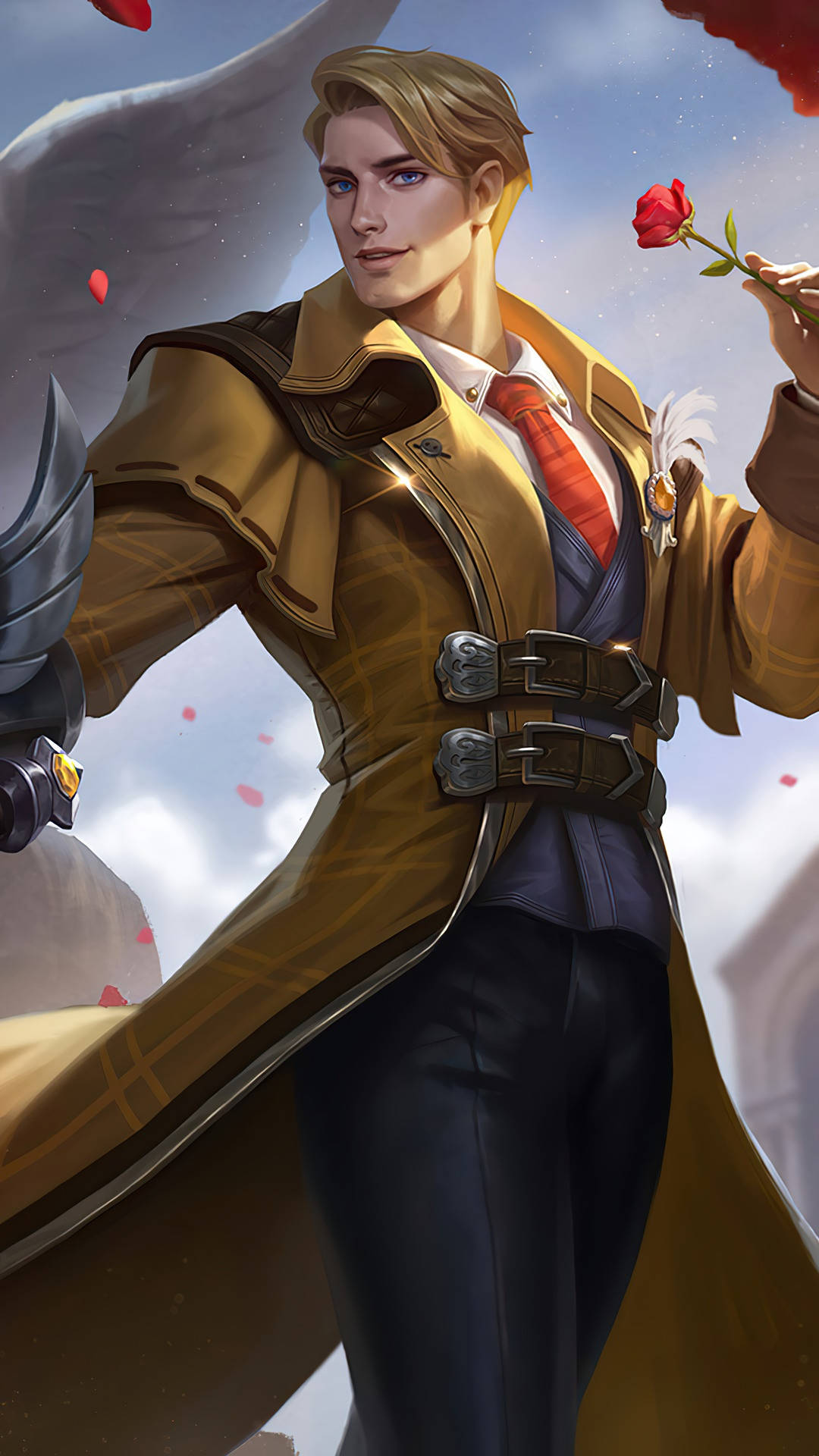 Mobile Legends 動態圖 桌布 壁紙 — 一位英俊的金髮男子穿著米色風衣，在陰雲密布的天空下拿著一朵紅玫瑰，花瓣飄落。