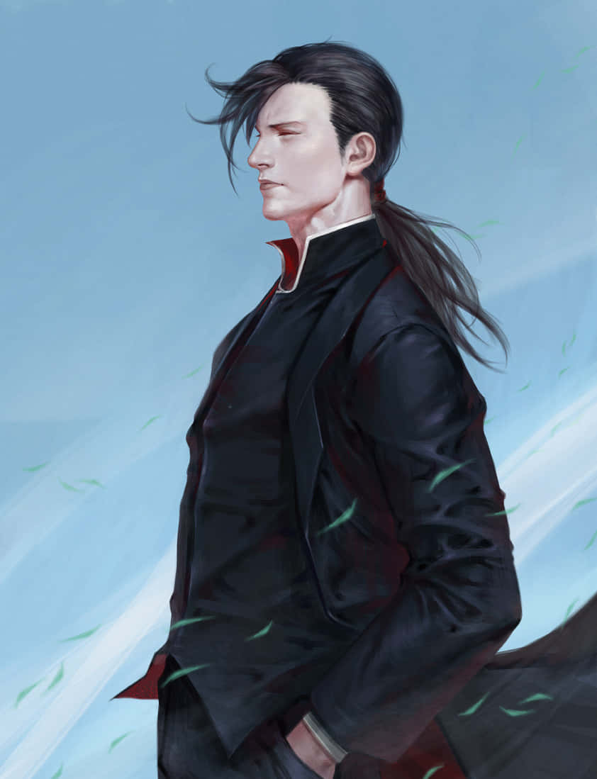 Ling Yao 桌布 壁紙 — 一位英俊的長黑髮男子穿著黑色外套，在柔和的藍天和飄浮的綠葉中側身站立。