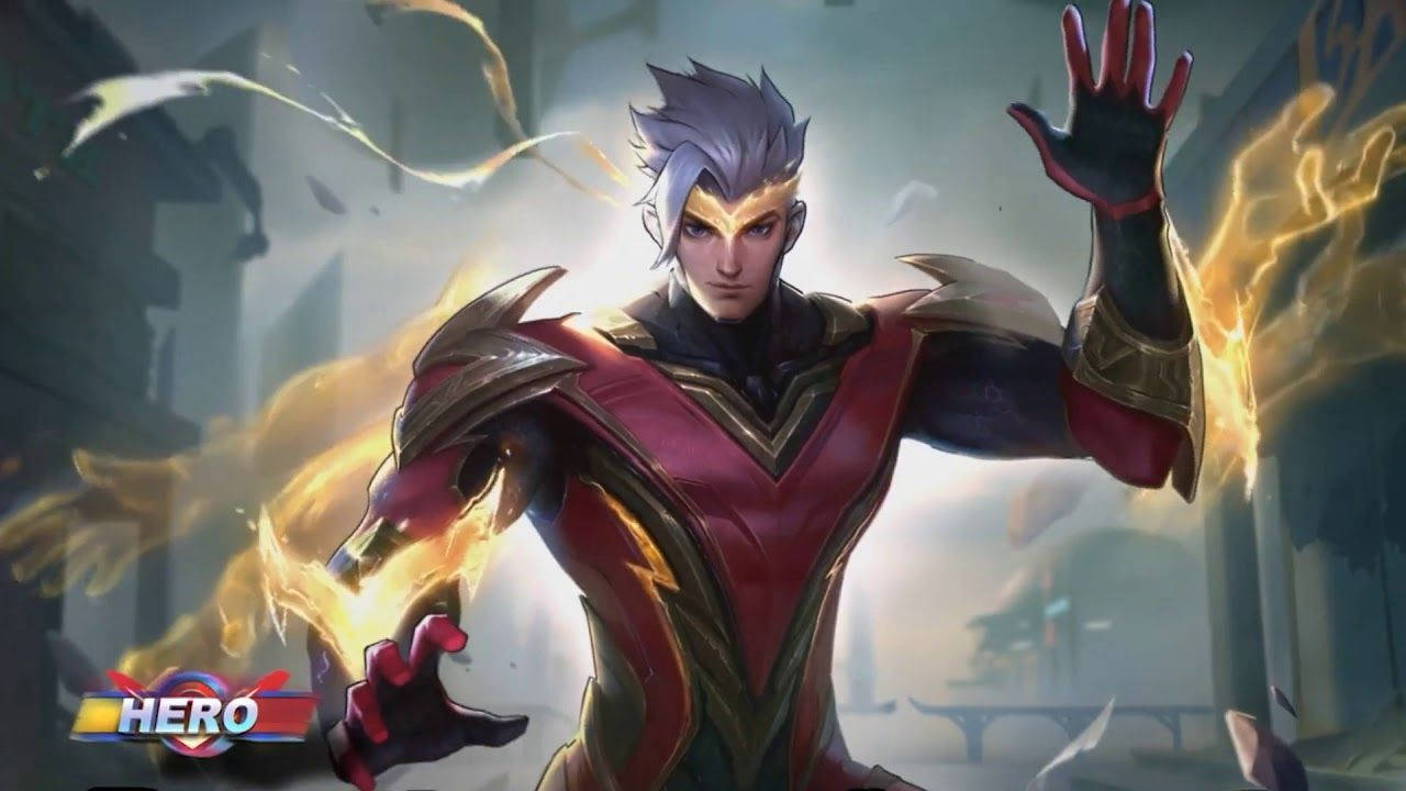 Mobile Legends 動態圖 桌布 壁紙 — 一位英勇的動漫戰士，銀髮紅甲，在神秘廢墟中引導烈焰能量。