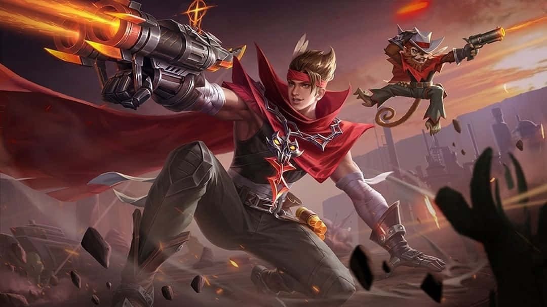 Mobile Legends 動態圖 桌布 壁紙 — 一位英勇的戰士，披著紅色斗篷，手持未來風格的槍，向前衝鋒，而一隻猴子同伴在他身旁跳躍，穿越 crumbling 的城市景觀。