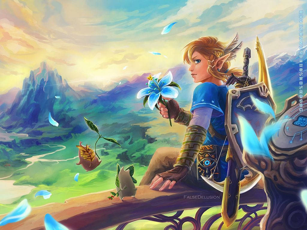Wild 桌布 壁紙 — 一位英勇的精靈戰士身穿藍色盔甲，坐在懸崖頂上，手持發光的藍色花朵，俯瞰著日落時分充滿活力的山谷。
