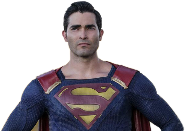 actor 桌布 壁紙 — 一位英勇的超級英雄，身穿帶有紋理的藍色套裝，胸前有紅色和黃色的「S」標誌，自信地站在黑色背景前。