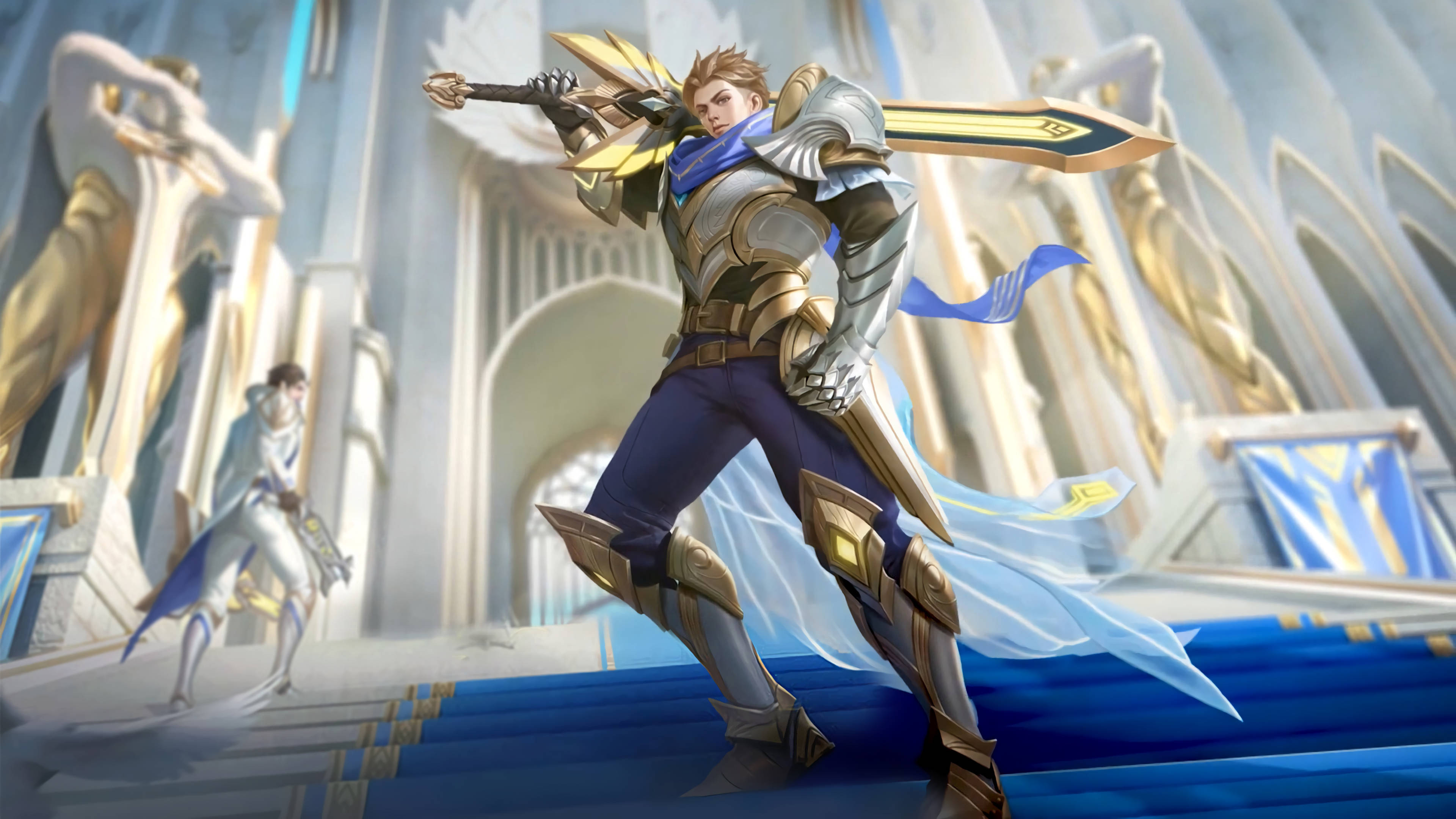 一位身穿華麗盔甲的騎士在大廳中手持一把巨劍。 — Mobile Legends 動態圖 壁紙