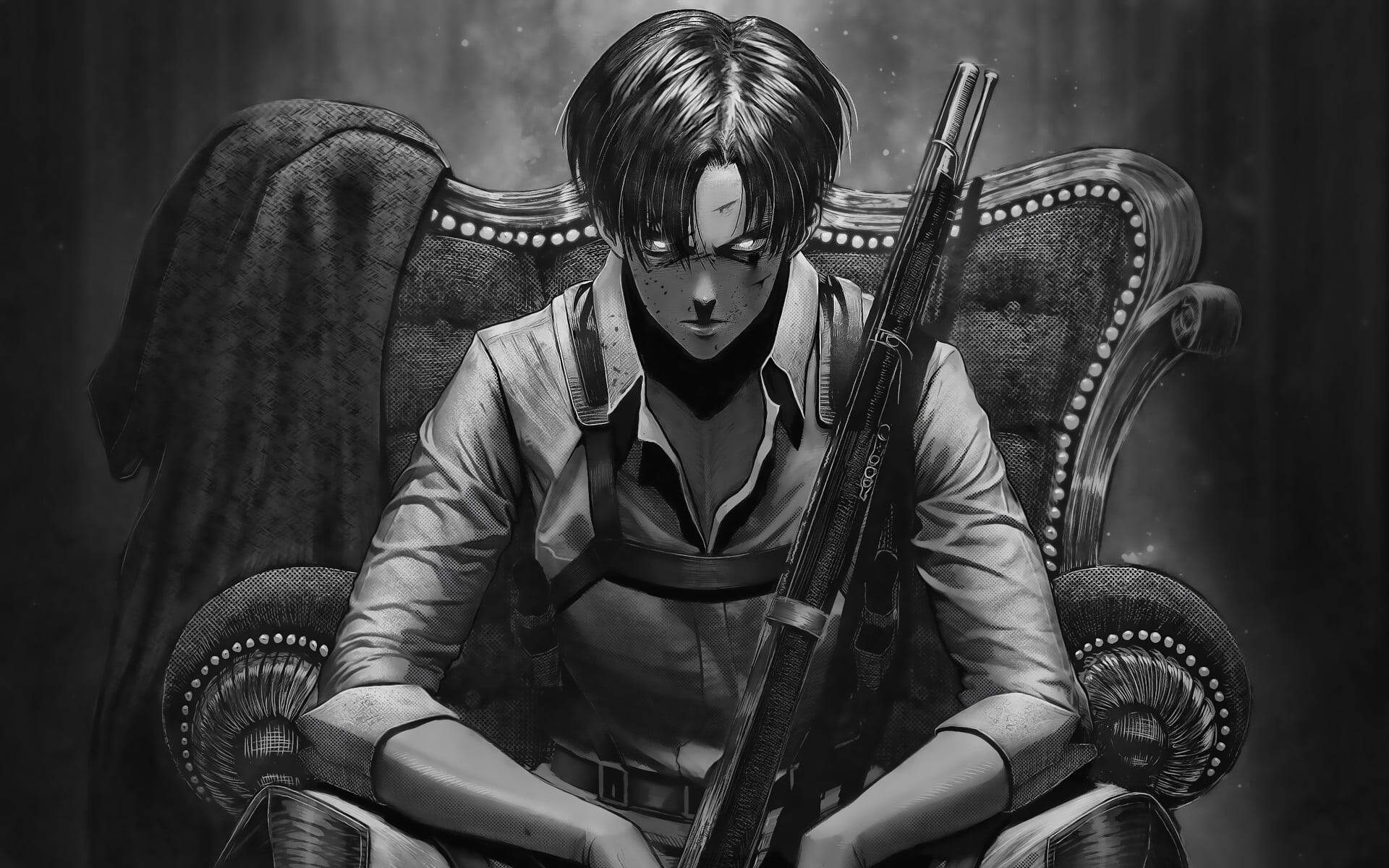 levi aesthetic 桌布 壁紙 — 一位莊嚴的動漫士兵坐在華麗的椅子上，手持步槍，以戲劇性的單色和強烈的燈光呈現。