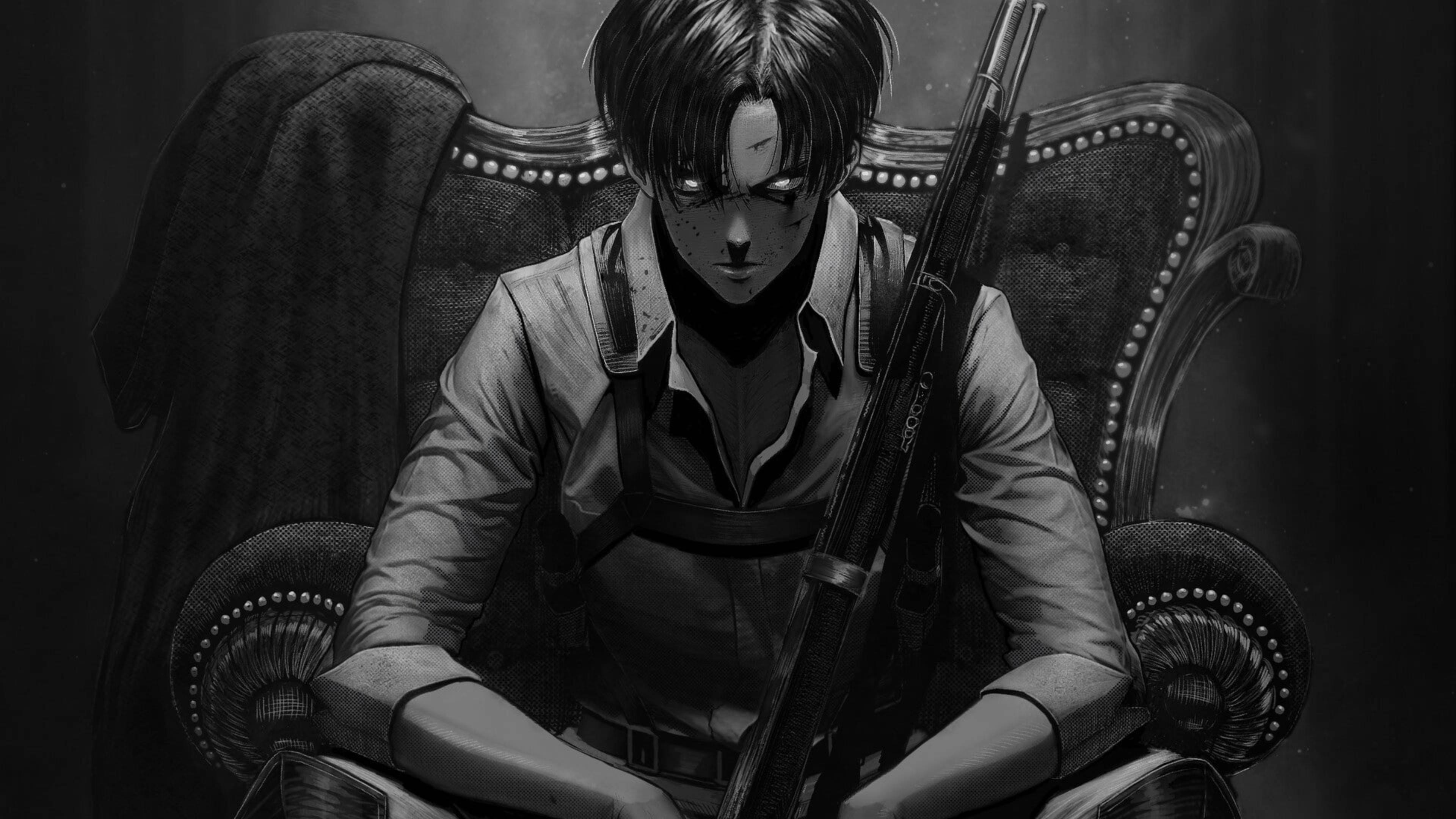 進擊的巨人 桌布 壁紙 — 一位莊嚴的動漫士兵坐在豪華椅子上，手持步槍，以戲劇性的單色和強烈光線呈現。