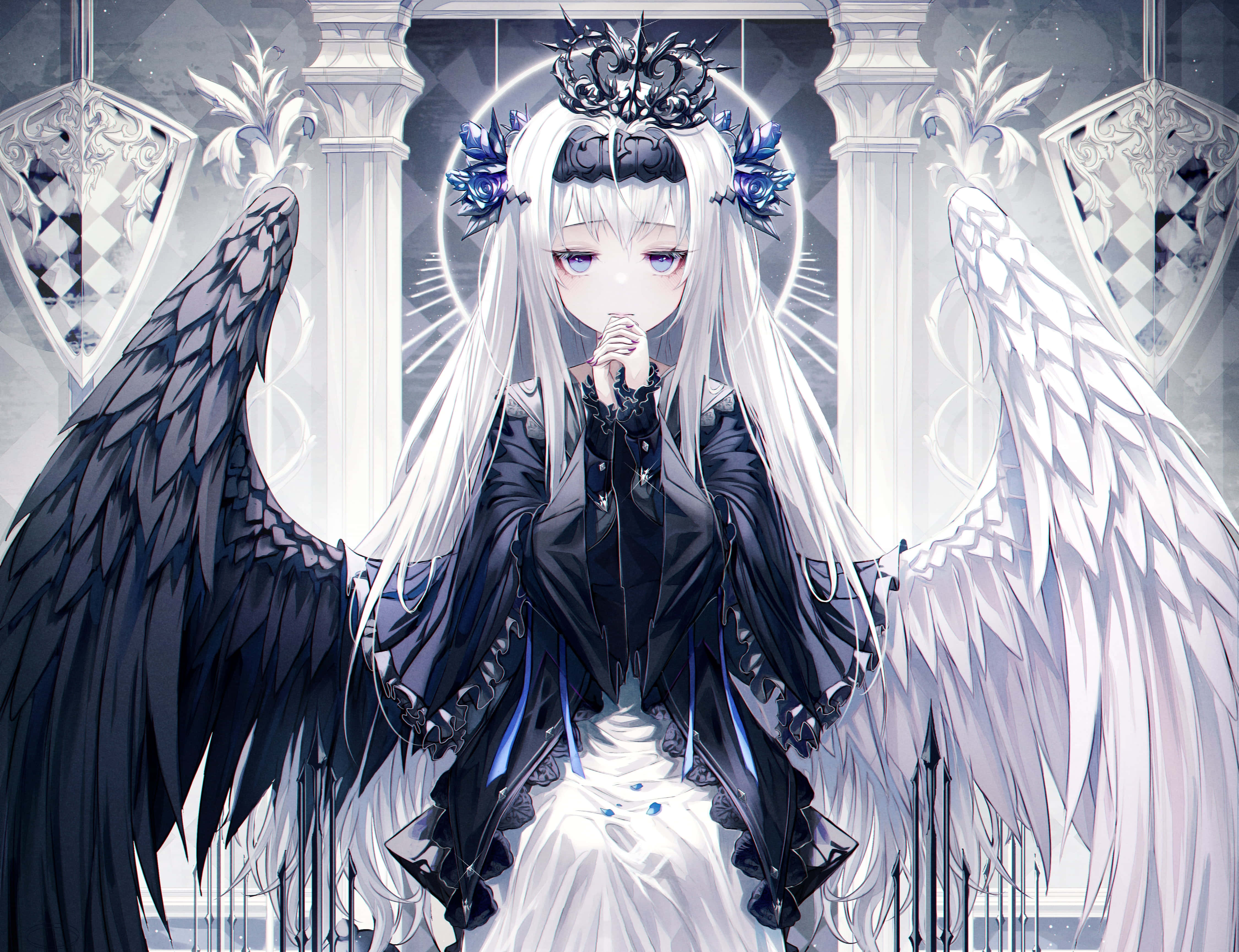 Gothic Costumes 桌布 壁紙 — 一位莊嚴的動漫女孩，擁有黑白雙翼，站在哥德式拱門中，雙手合十祈禱，頭頂散發光環。