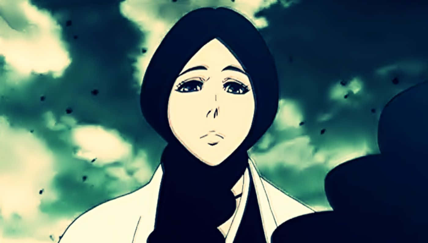 Retsu Unohana 桌布 壁紙 — 一位莊嚴的動漫女性，身穿白色外套和黑色頭巾，站在暴風雨般的綠色和藍綠色天空下，伴隨著飄落的粒子。